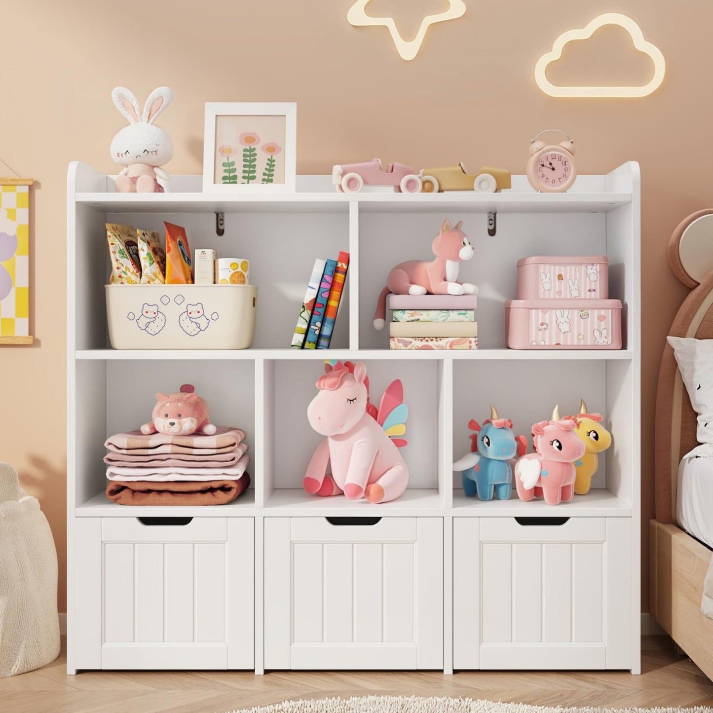 Gizoon Toy Storage Organizer with 3 Movable Drawers and 6 Open Shelves Kids Bookshelf Featuring Fall Prevention Barrier for Playroom Nursery Kids Room Organization, White, Painted