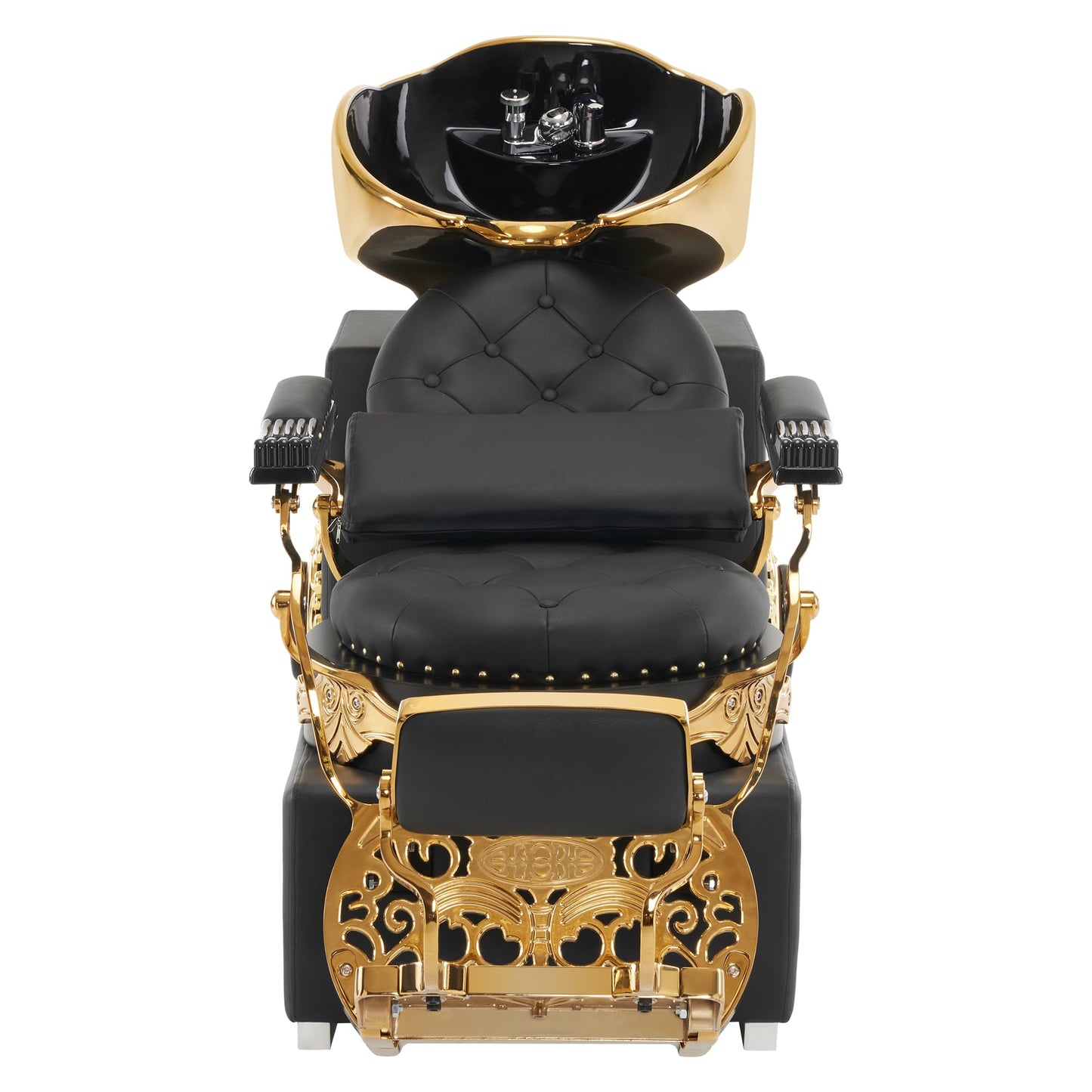 BarberPub Backwash Shampoo Station Chair, Retro Adjustable Porcelain Ceramic Hair Wash Bowl Unit Station, Shampoo Barber Chair with Vacuum Breaker for Spa Beauty Salon 8610 (Black&Gold)