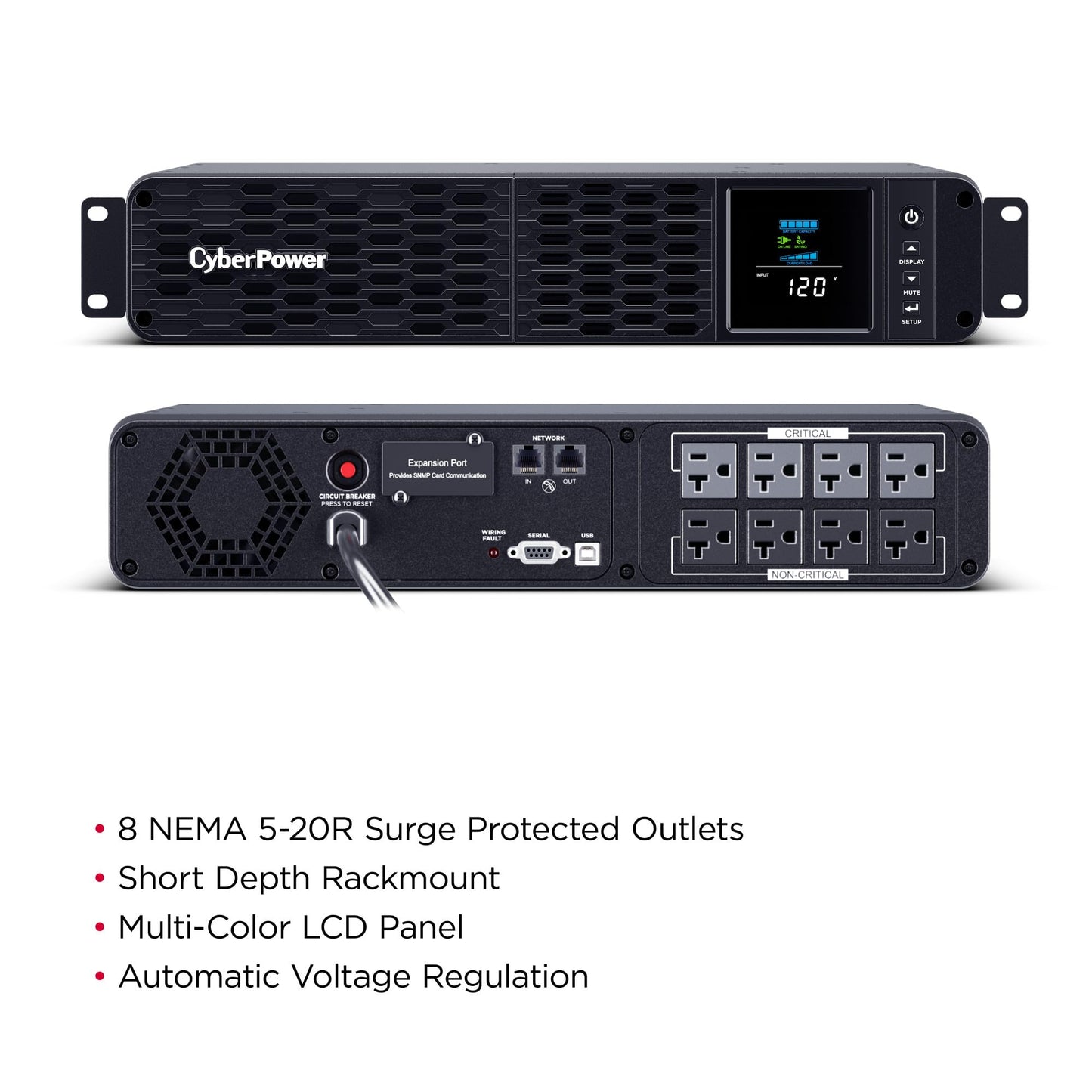 CyberPower CP2000PFCRM2U PFC Sinewave UPS Battery Backup and Surge Protector, 2000VA/1200W, 8 Outlets, AVR, Short Depth 2U Rackmount, UL Certified
