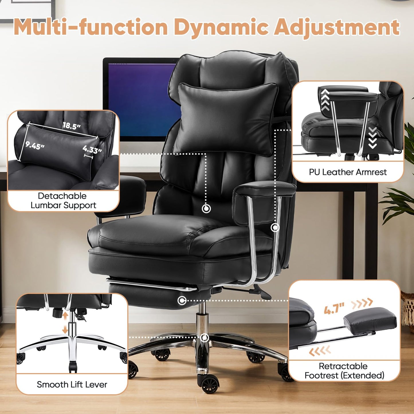 Sweetcrispy Executive Home Office Desk Chair - Ergonomic Big Tall High Back with Footrest & Lumbar Support, Reclining Height Adjustable, Comfy PU Leather Computer Gaming with Swivel Wheels, Black