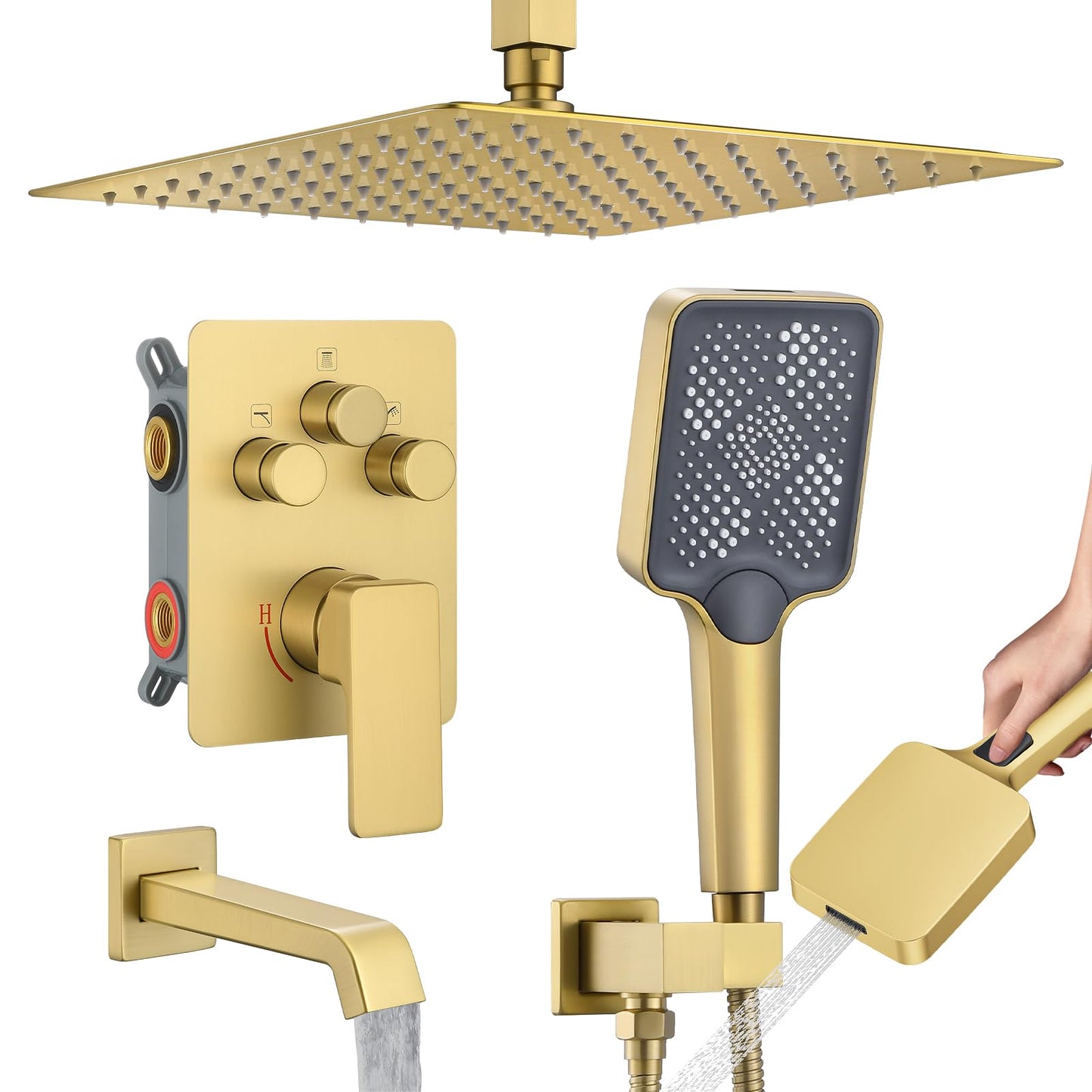 Bathtub Shower Faucet Set with Pressure Balance Valve, 12" Ceiling Mount Shower System with Tub Spout Multi-function Handheld Head Push Button Diverter Shower Trim Kit, Brushed Gold