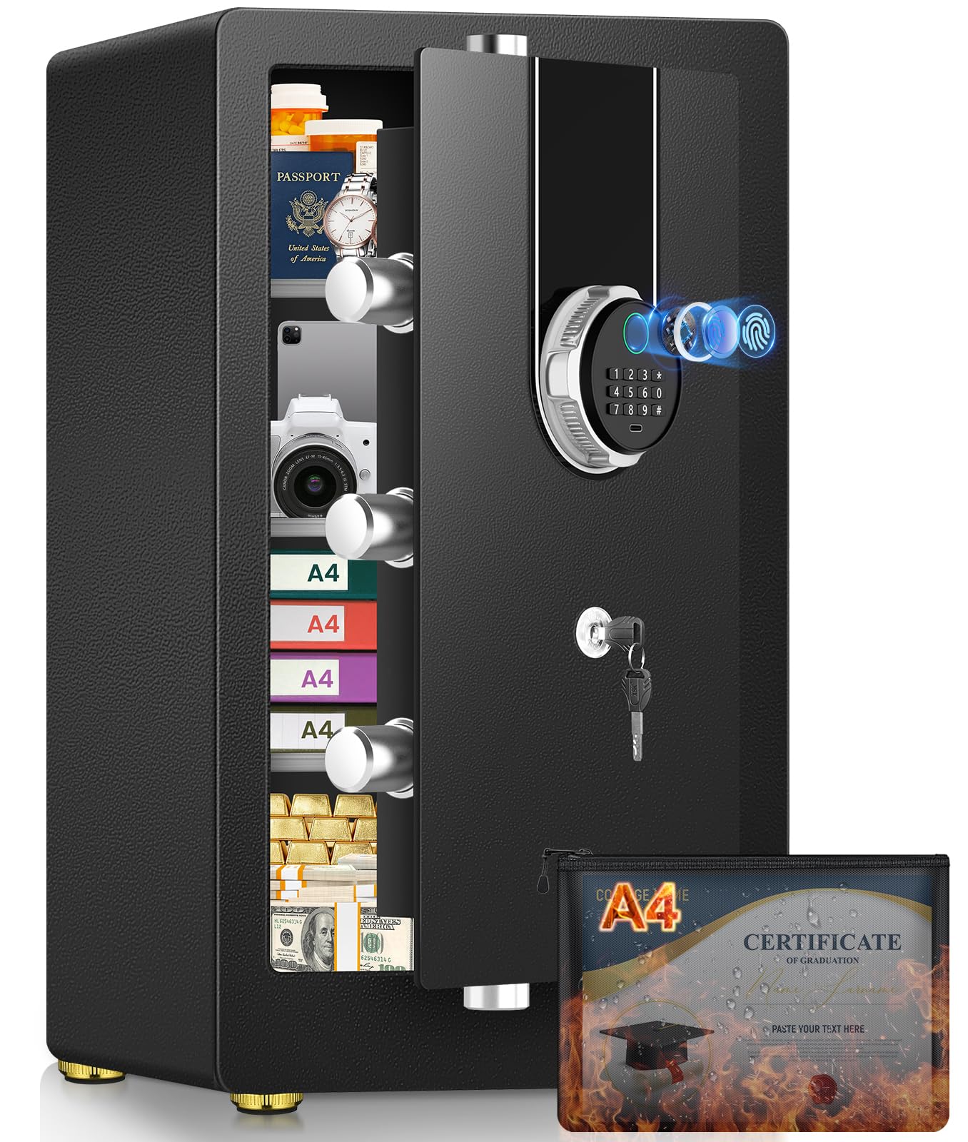 5.5 Cuft Biometric Fireproof Safe For Home, Heavy Duty Safe Box With Dual-alarm system and 3 Movable Shelves, Large Document Safes for Money Jewelry