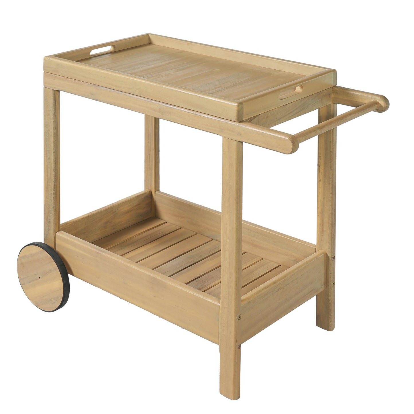 Christopher Knight Home Sara Acacia Wood Outdoor Bar Cart with Wheels, Rolling Kitchen Cart with Tray, Rolling Serving Cart for Patio, Deck & Backyard, Natural Wood