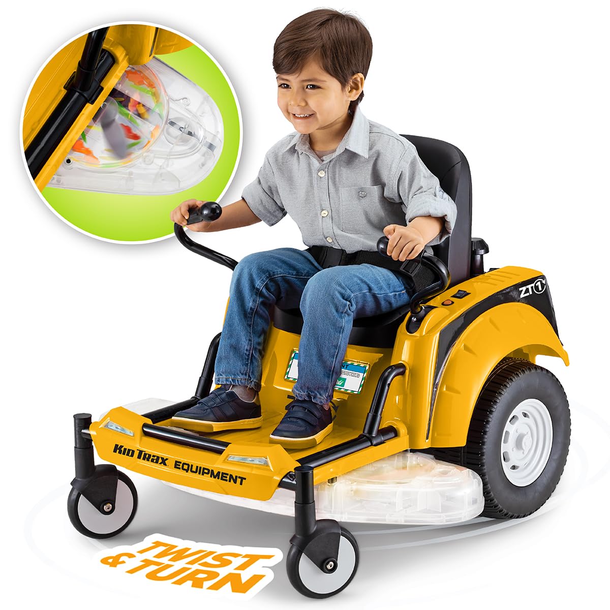 Kid Trax 12V Zero Turn Lawn Mower Tractor Toy - Riding Lawn Mower, Outdoor Toys, Kids Electric Car, Ride On Tractor, Dual Handle, Twist and Turn, Speed to 3MPH, Max Weight of 77lbs, Age 3-7, Yellow