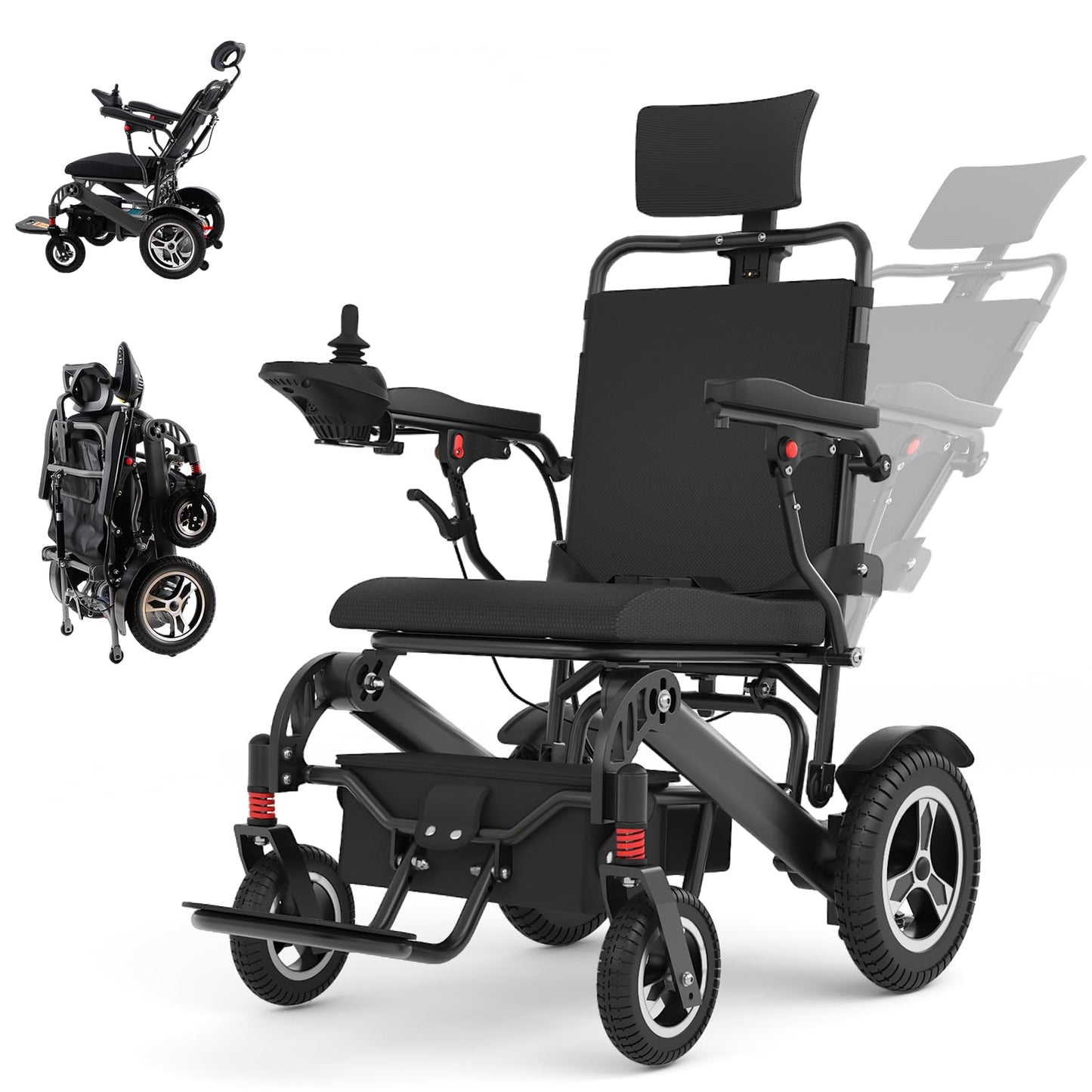 Reclining Electric Wheelchair for Adults Foldable Power Motorized Wheelchair Reclining Backrest All Terrain Electric Wheelchair for Seniors Portable Airline Approved Black