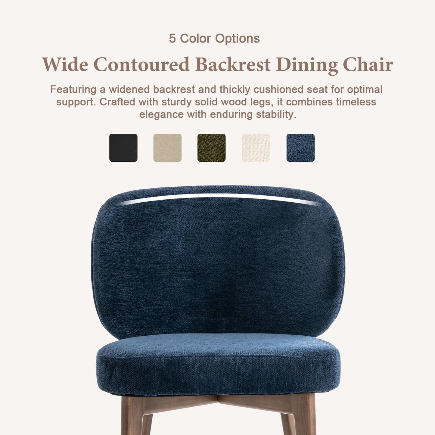 YOUNUOKE Upholstered Dining Chair, Modern Chenille Fabric Dining Room Chair with Wood Legs, Widen Backrest Comfy Side Kitchen Chairs, Blue (Single Pack)