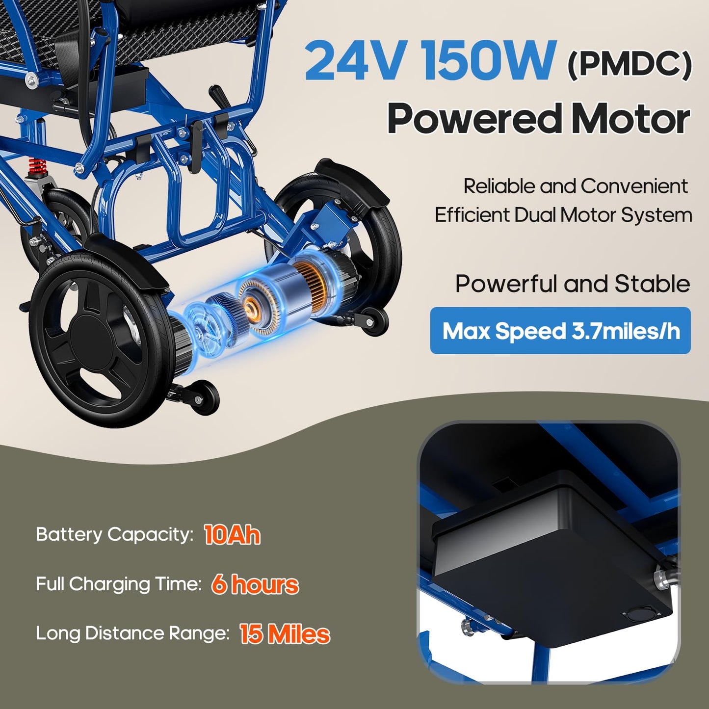 ROPLASO Electric Wheelchair for Adults Power Wheelchairs Lightweight Foldable Long Range All Terrain Motorized Wheelchair for Seniors Max 330 Lbs Compact Portable Airline Approved 45lbs (Blue)