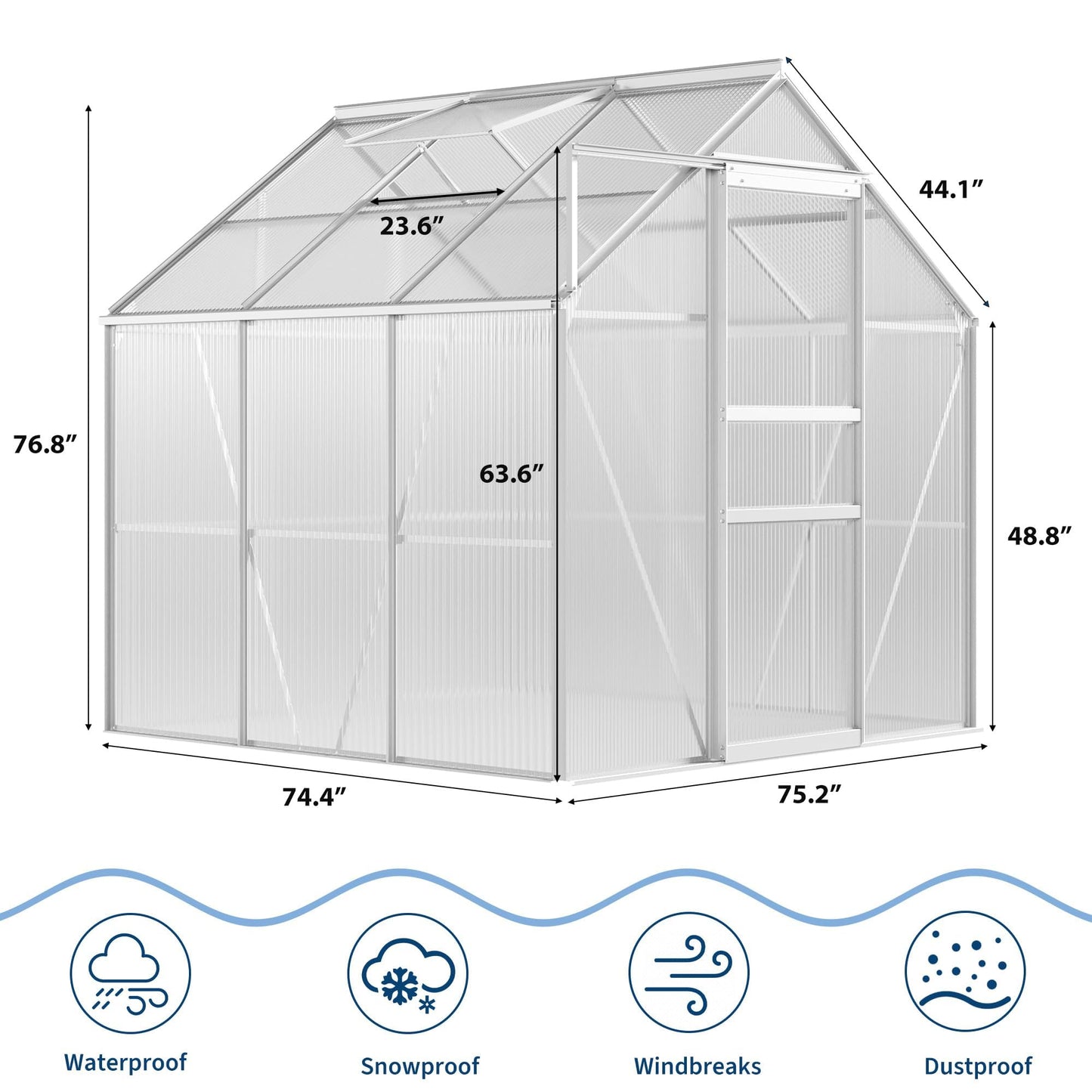 COZONY 6x6 FT Walk-in Polycarbonate Greenhouse for Outdoor Use – Sturdy Aluminum Frame, Lockable Sliding Door, Adjustable Roof Vent, Rain Gutter, Weather-Resistant – (8-Natural Color)