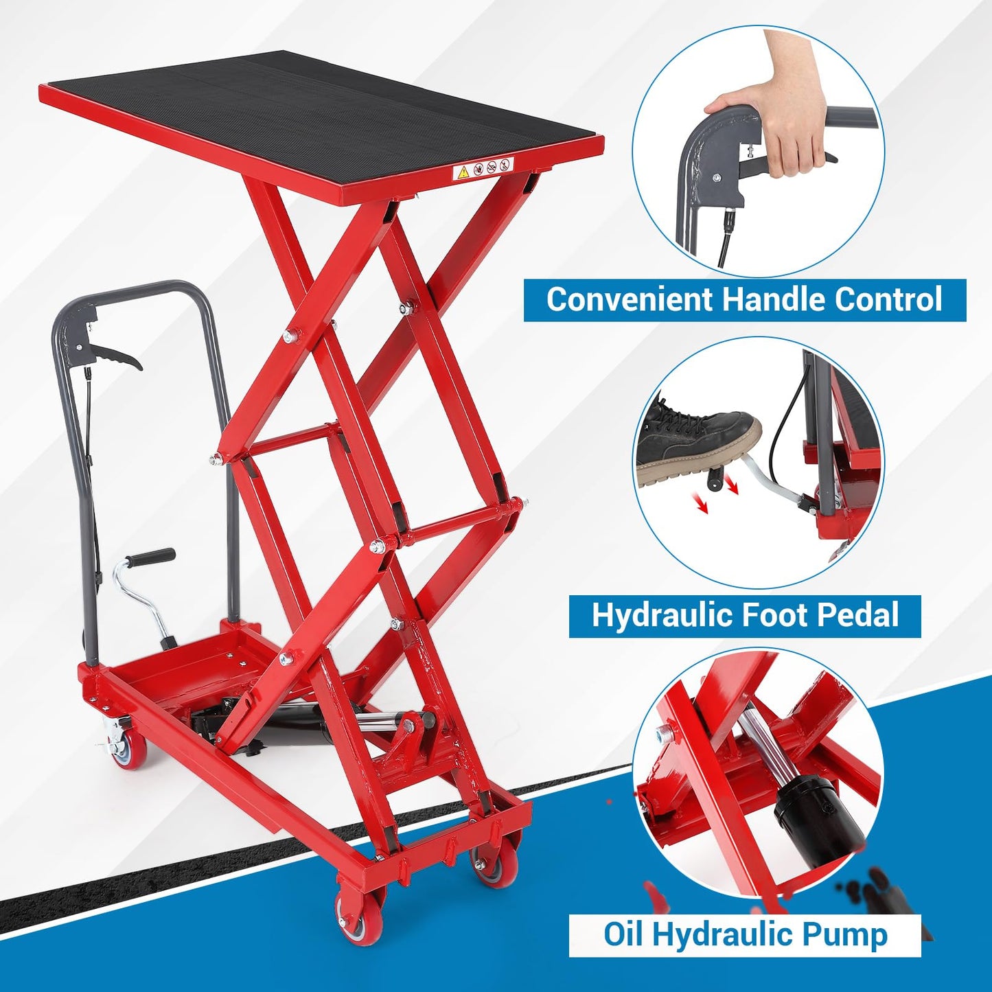 Garvee Hydraulic Lift Table Cart, 330 LBS Capacity 50" Lifting Height, Double Scissor Lift Table with 4 Swivel Wheels and Non-Slip Pad for Material Handling and Transportation, Red