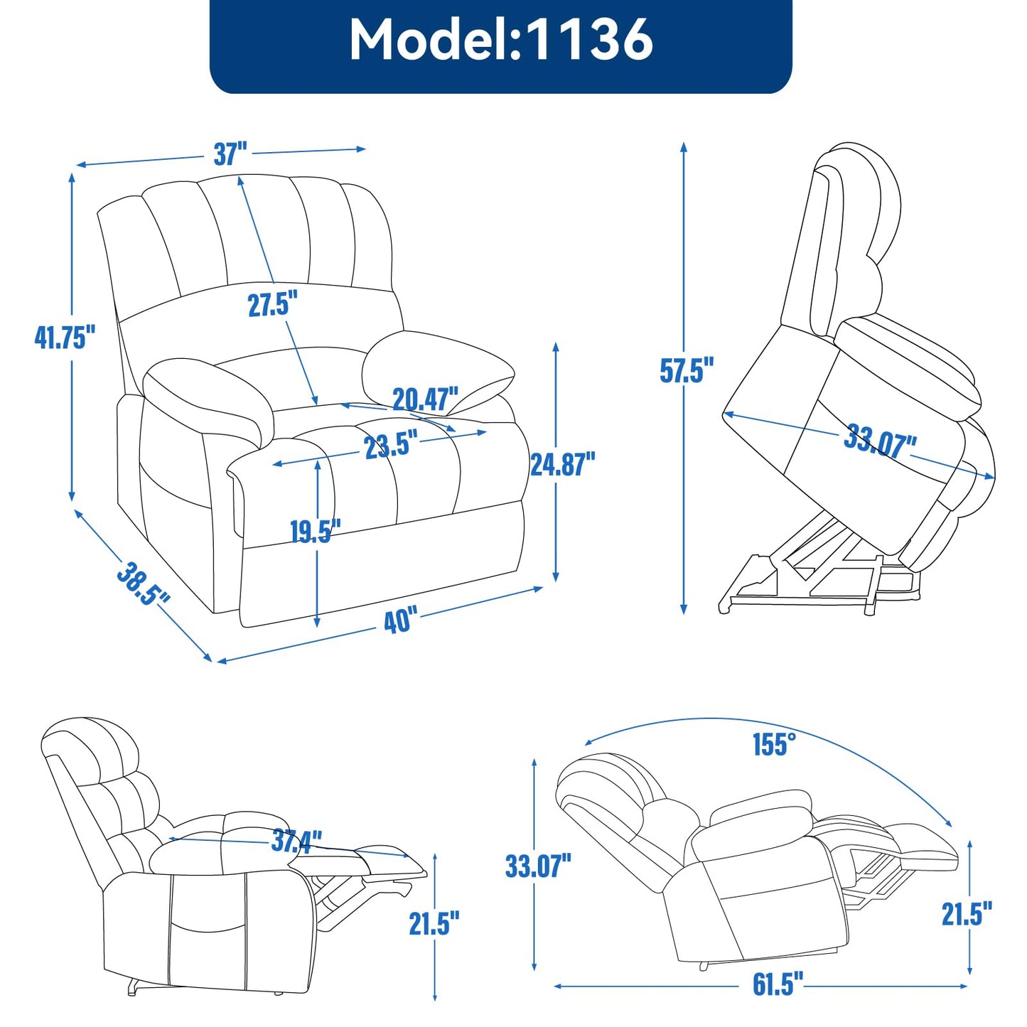 KEIKI Large Power Lift Recliner Chair with Wide Seat and Remote for Big and Tall, Soft Fabric Finish with Vibration Massage and Lumbar Heating