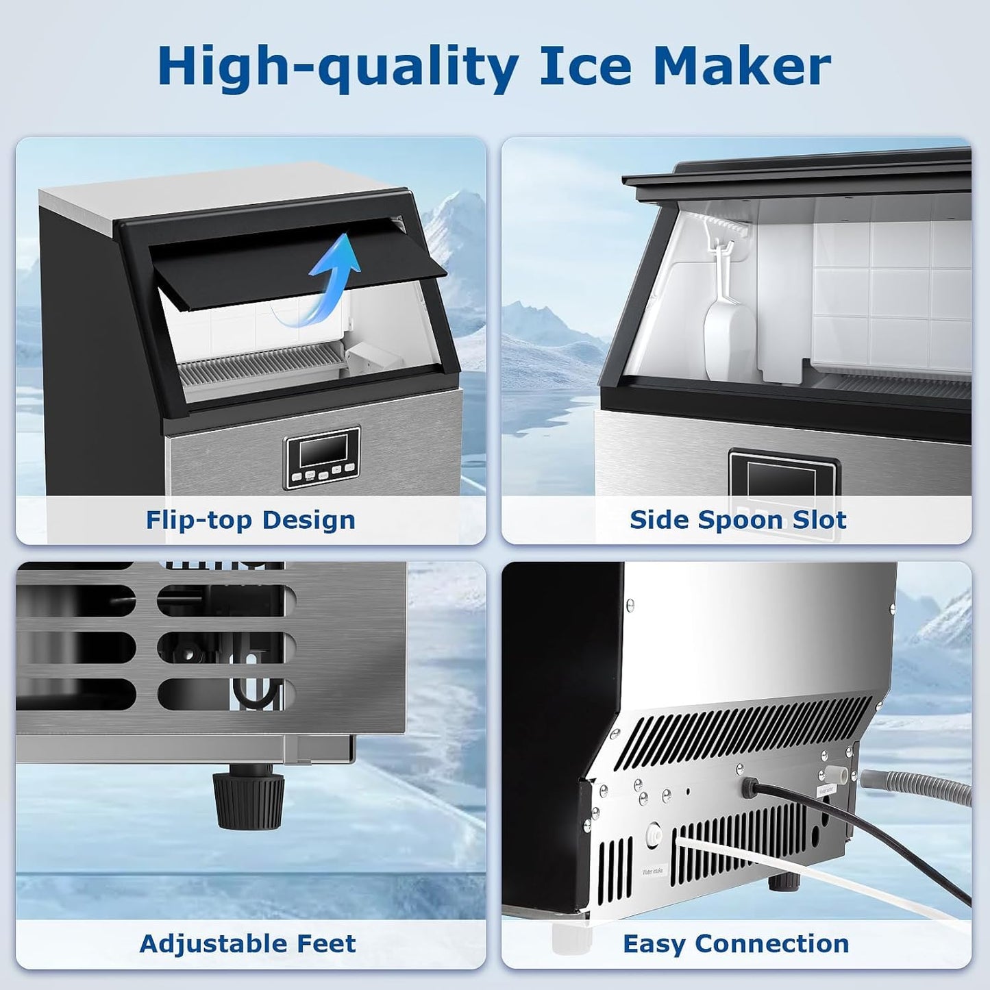 Commercial Ice Maker Machine, Ice Makers Stainless Steel Under Counter Ice Machine 120 Lbs/24H with 26.5 Pounds, 64 Ice Cubes in 12 Mins, Stainless Steel Freestanding Kitchen Ice Machines