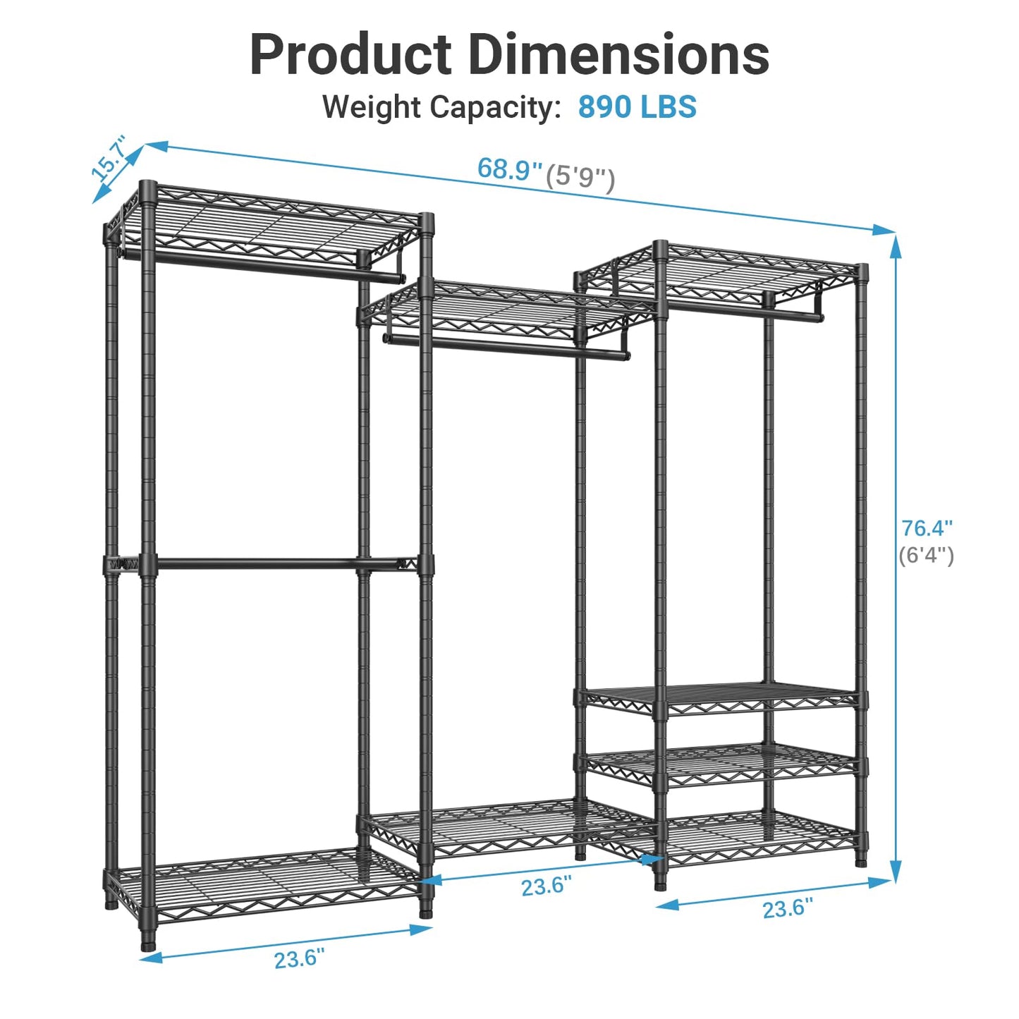 VIPEK V5C Heavy Duty Covered Clothes Rack Portable Closet Rack, Black Metal Clothing Rack with Black Upgarded Polyester Cover, Adjustable Custom Freestanding Closet Wardrobe, Max Load 800LBS