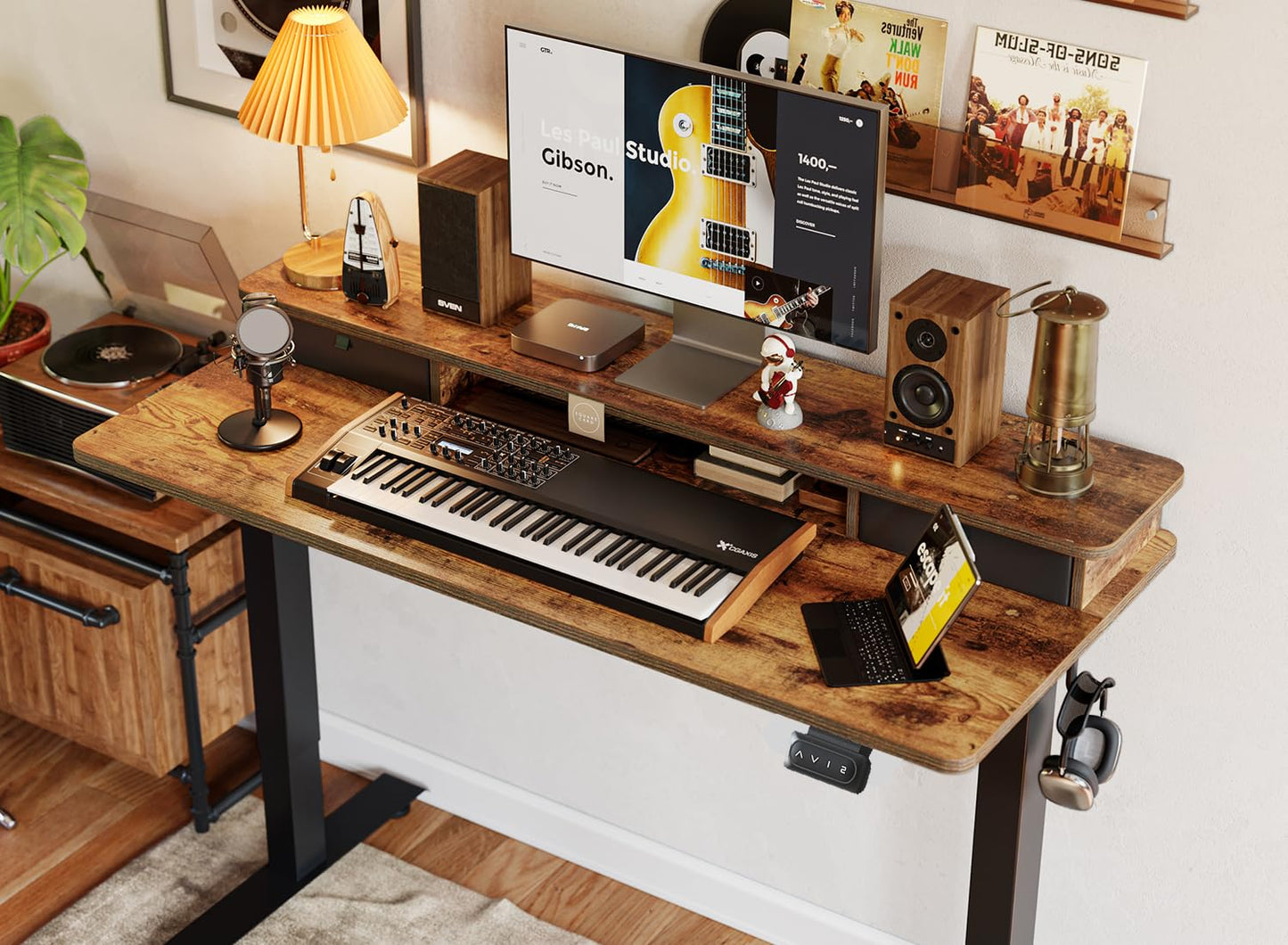 BANTI 55x24 Inch Electric Standing Desk with Double Drawers, Adjustable Height Stand Up Desk, Sit Stand Home Office Desk with Storage Shelf, Vintage Brown Top