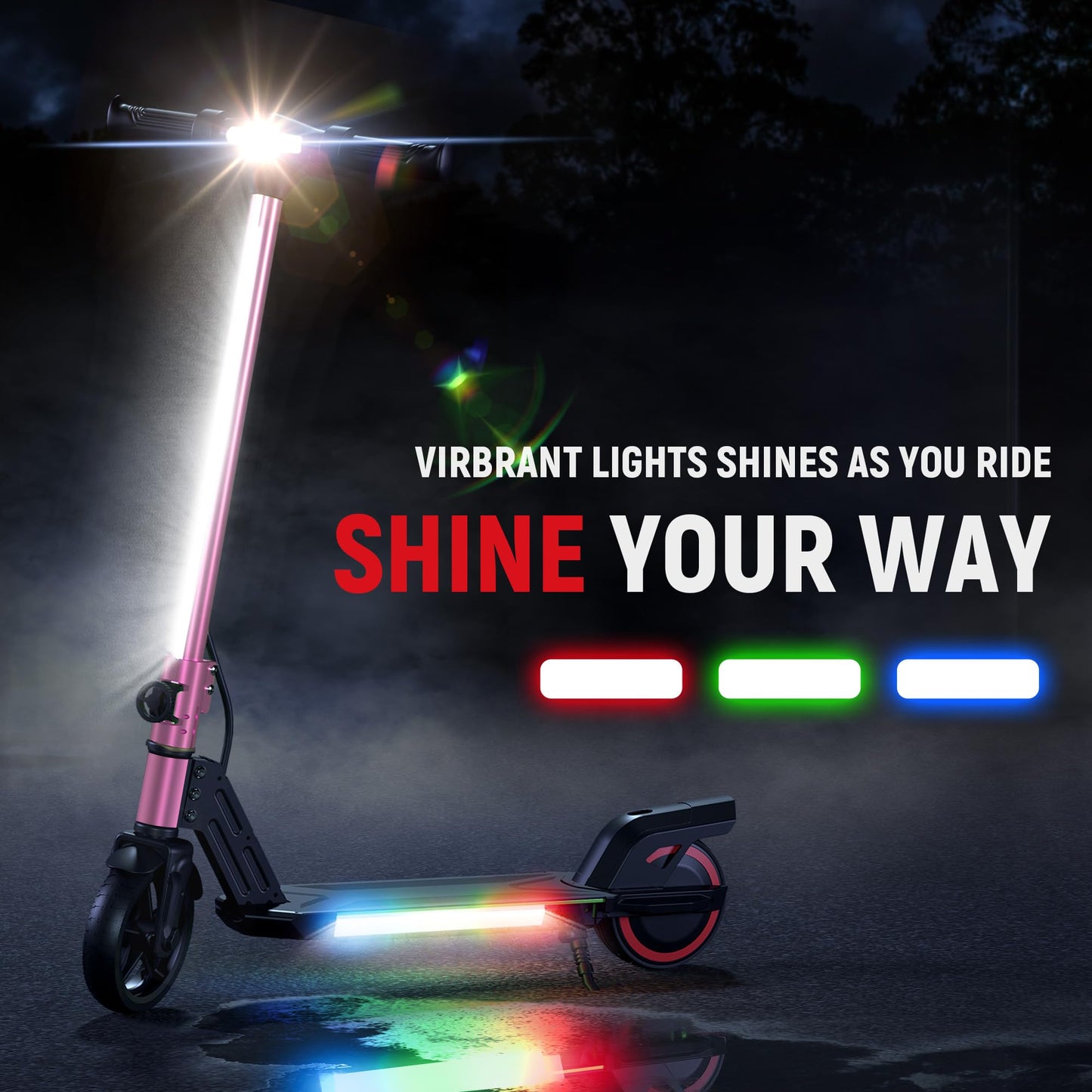 WEELMOTION Pink Foldable Electric Scooter for Kids, Bright Front Bar Lights, LED Head Lights, Shining Pedal, Big LED Display, Dual Brakes 150W Motor Kids Electric Scooter, UL2272 Certified