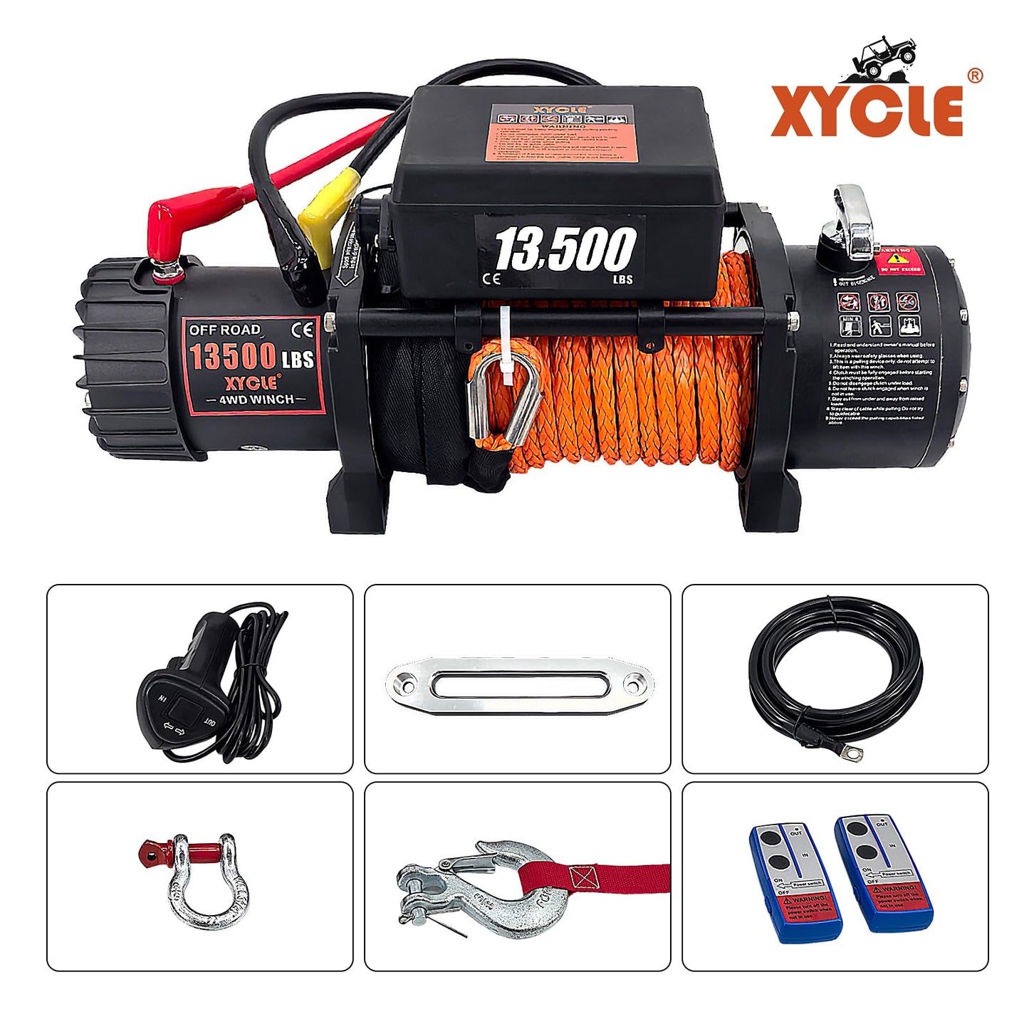 XYCLE Winch13500lbs 12V WaterproofElectric Winch Synthetic Rope Truck Winch Towing Winch Boat Trailer Winch SUV 4-Wheel Drive Off-Road Vehicle with Remote Control 3/8 Synthetic Rope (Dark-Orange)