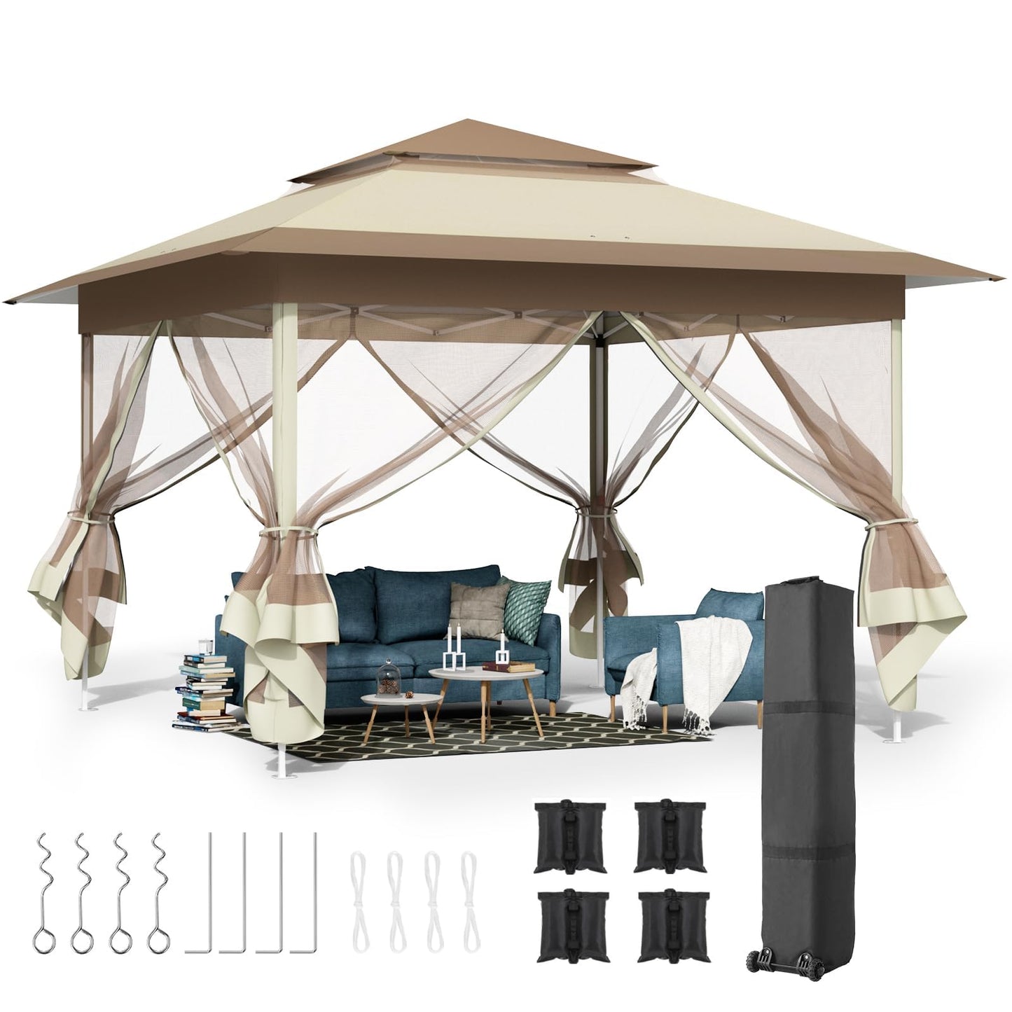 MAMIZO 13ft Pop Up Gazebo, Outdoor Instant Canopy Tent w/4 Netting Sidewall & Auto Extending Eave, Patio Gazebos Shelter w/Mesh Wall, Center Lock, Wheeled Bag for Garden, Yard (Khaki, 13X13FT)