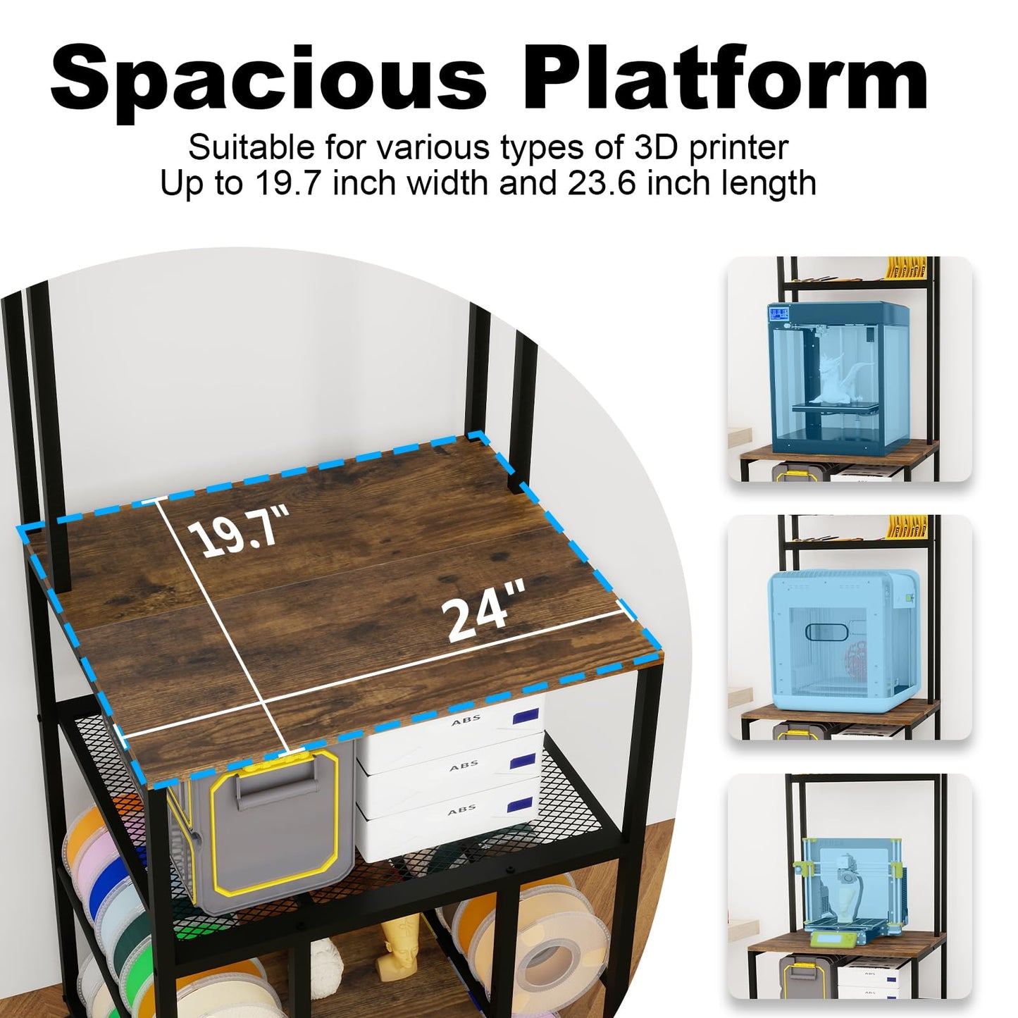 PUNCIA 3-Tier Heavy Duty 3D Printer Stand with Filament Storage Rack – Sturdy Organizer for PLA ABS PETG Spools, Compatible with FDM SLA Resin Printers, Durable Shelf for Home Studio Workshop Makers