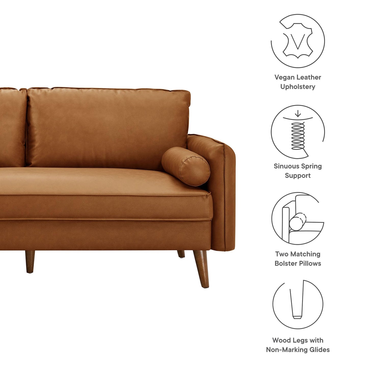 Modway Revive 72 Inch Faux Leather Sofa in Tan – 3 Seater PU Leather Couch with Cozy Wide Seats - Mid-Century Modern Upholstered Sofa for Living Room or Office