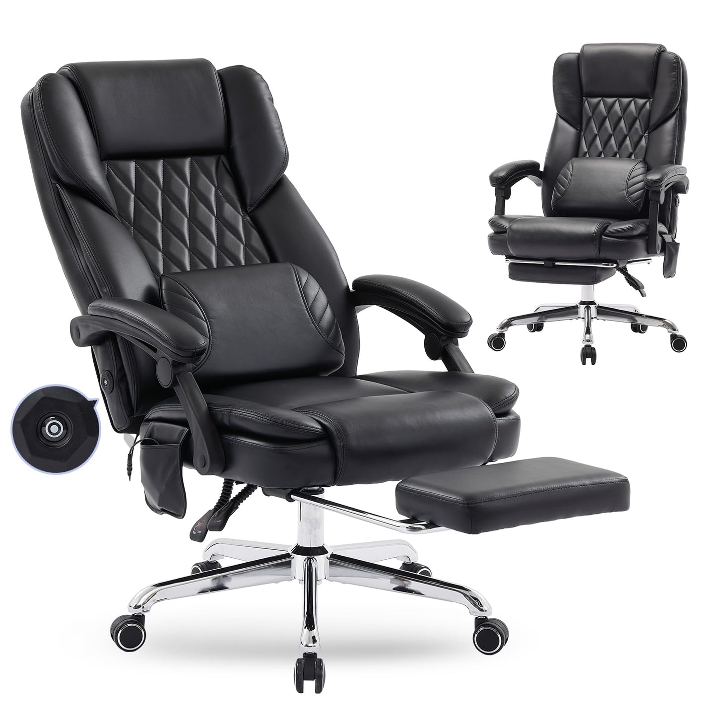 Massage Office Chair with Footrest, High Back Executive Chair, Ergonomic Desk Chair with Removable Pillow, 2 Lumbar Massage Points, Reclining, Leather Computer Chair, Black