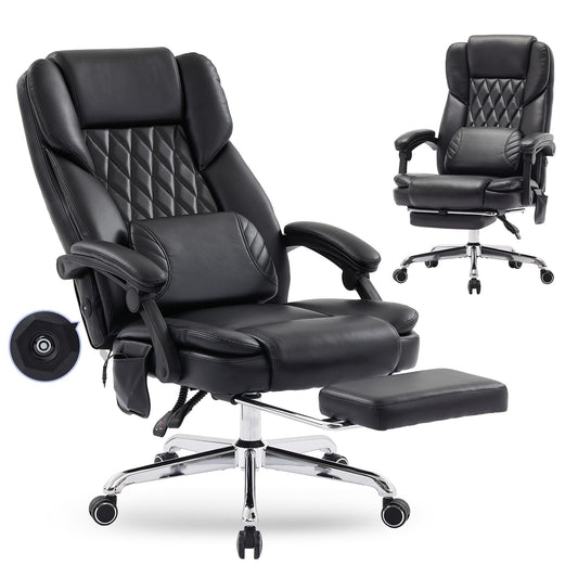 Massage Office Chair with Footrest, High Back Executive Chair, Ergonomic Desk Chair with Removable Pillow, 2 Lumbar Massage Points, Reclining, Leather Computer Chair, Black
