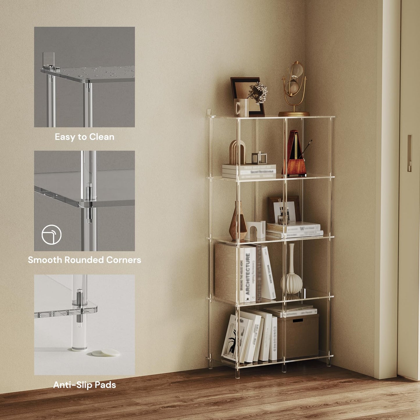 CRTERICX 5-Tier Acrylic Bookshelf with 8 Cube Storage, Clear Bookcase for Home Office, Mordern, Multifunctional Open Book Shelves for Living Room, Bedroom, 50.8" H, Easy Assembly