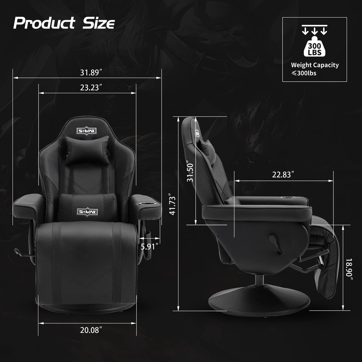 S*MAX Gaming Recliner Chair for Adults Racing Style Ergonomic High Back Swivel PU Leather Gaming Chair with Adjustable Backrest and Footrest Cup Holder Side Pouch Black