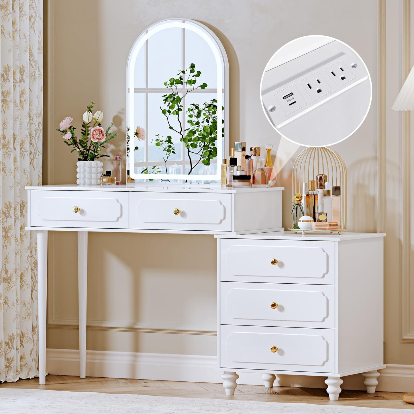 Ieejdn White,Vanity Desk with Mirror and Lights,Makeup Vanity with Power Outlet and Adjustable Cabinet,Modern Makeup Table with 3 Drawers for Bedroom Makeup Room