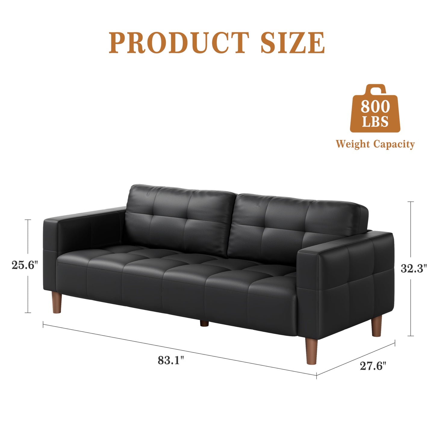 GarveeHome 3-Seater Sofa Couch, 83" Wide Faux Leather Sofa Couch with Spring Cushion, Modern Sofa with Deep Seats and 2 Removable Back Cushions, for Living Room, Apartment, Office, Modern Black