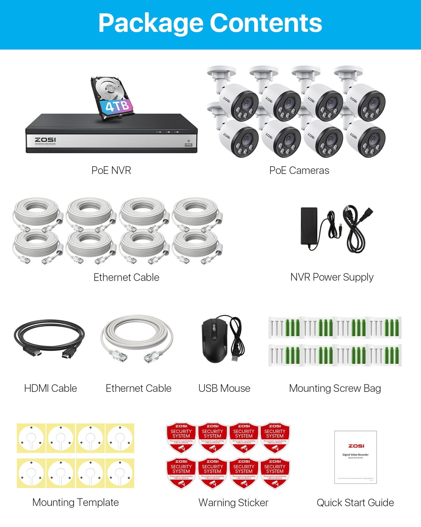 ZOSI 4K 16CH PoE Security Camera System with Audio, Night Vision, Smart Human Detection, Motion Alerts, 8pcs Outdoor Indoor PoE Wired Cameras, 16 Channel 4K 8MP NVR with 4TB HDD for 24/7 Recording