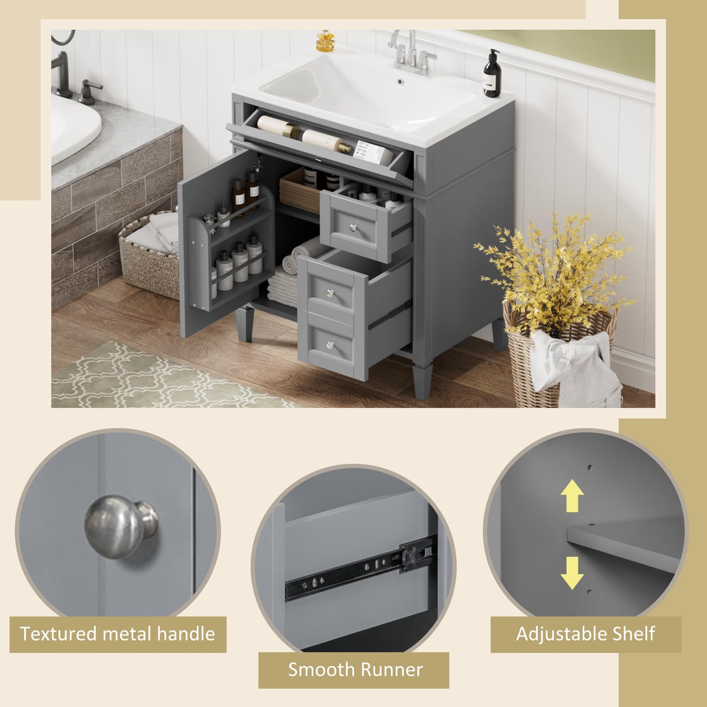 Favfurish 30" Bathroom Vanity Without Top Sink,Modern Freestanding Bath Storage Cabinet with 2 Soft-Close Drawers and Tip-Out Tray & Cabinet Door Organizer,Adjustable Shelf,Easy Assembly,Grey