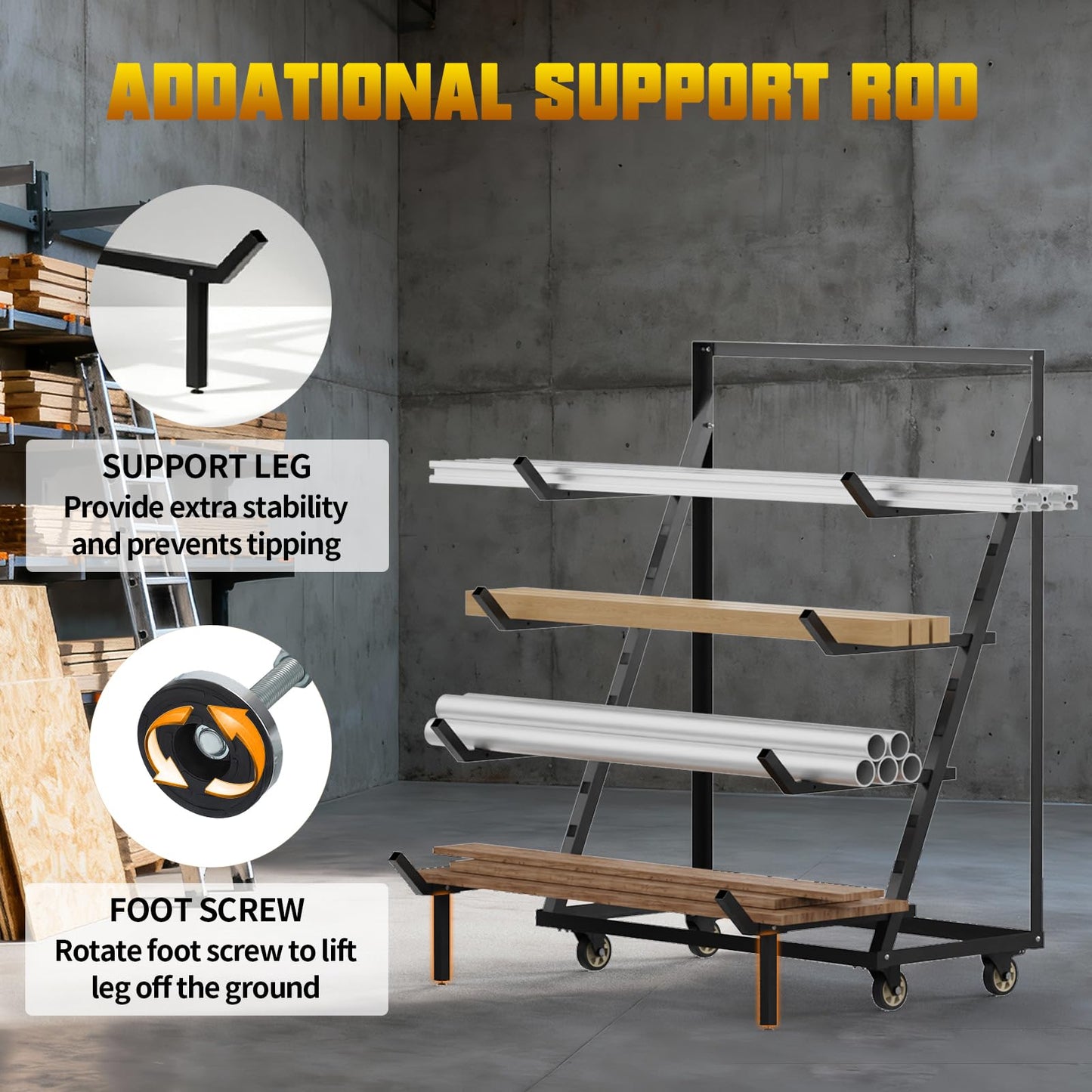 4 Tier Pipe And Lumber Storage Rack - Heavy Duty Pipe Rack With 4IN Swivel Casters And Adjustable Support Bar Weight Capacity Up To 1200LBS, Plywood Storage Shelf For Garage, Workshop And Warehouse