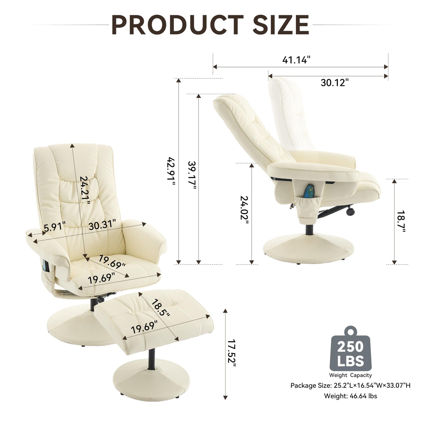 KEIKI Swivel Reclining Chair with Ottoman, High Backrest,5-Point Vibration Massage & Heated Seat,PU Leather Upholstered Armchair Lounge Sliding Chairs Set for Living Room Bedroom Office,Beige