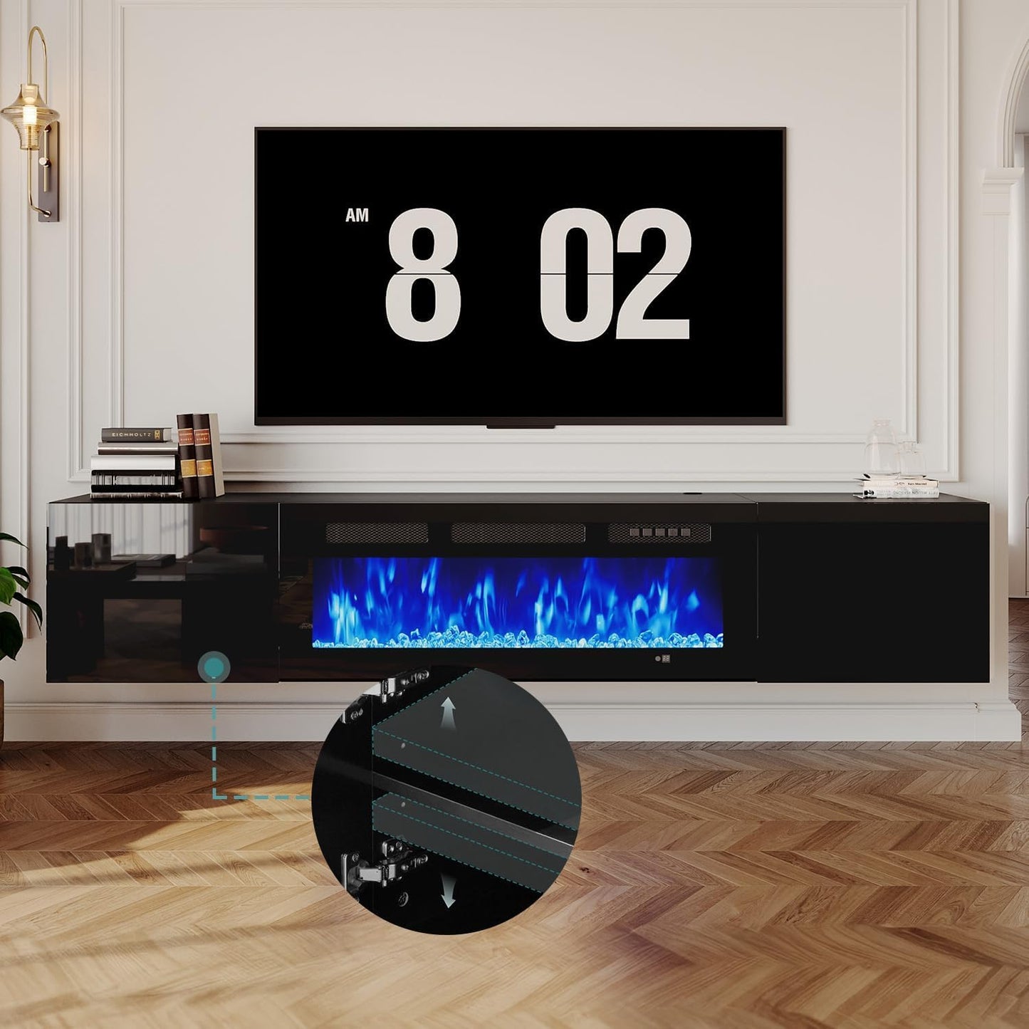 MXV 70'' Floating TV Stand, Modern Media Entertainment Center with 36" Electric Fireplace, TV Console Cabinet Wall Mounted, Adjustable 12-Color LED Lights, for Living Room, Black + Black