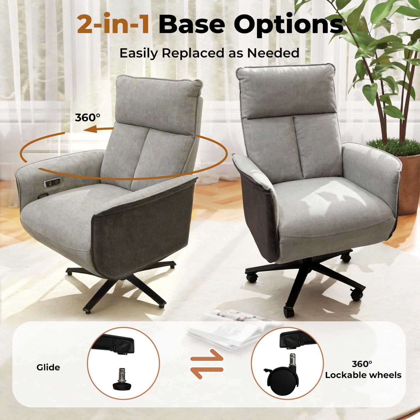 Liftsync Ergonomic Executive Recliner, Adjustable Electric Office Chair 90-155° with Footrest, 4-Position Headrest, 300LBS Heavy Duty, 2-in-1 Base Swivel Desk Chair w/USB, Grey & Black Chenille