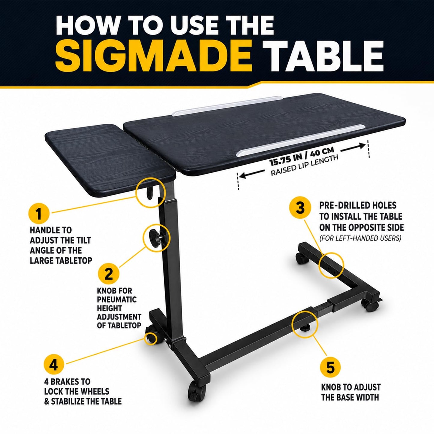 Sigmade Recliner Table, Over the Bed Table with Wheels, Adjustable Width & Height, with Split Tilt Design & 4 Caster Wheels with Brakes (Black Oak Tabletop, Black Base)