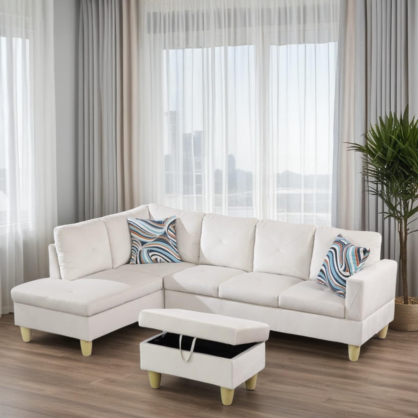 Trygoal 97" L Shaped Couches for Living Room, Sectional Couch Living Room Furniture with Storage Ottoman, Modular Sectional Sofa with Movable Chaise for Apartment Office, White