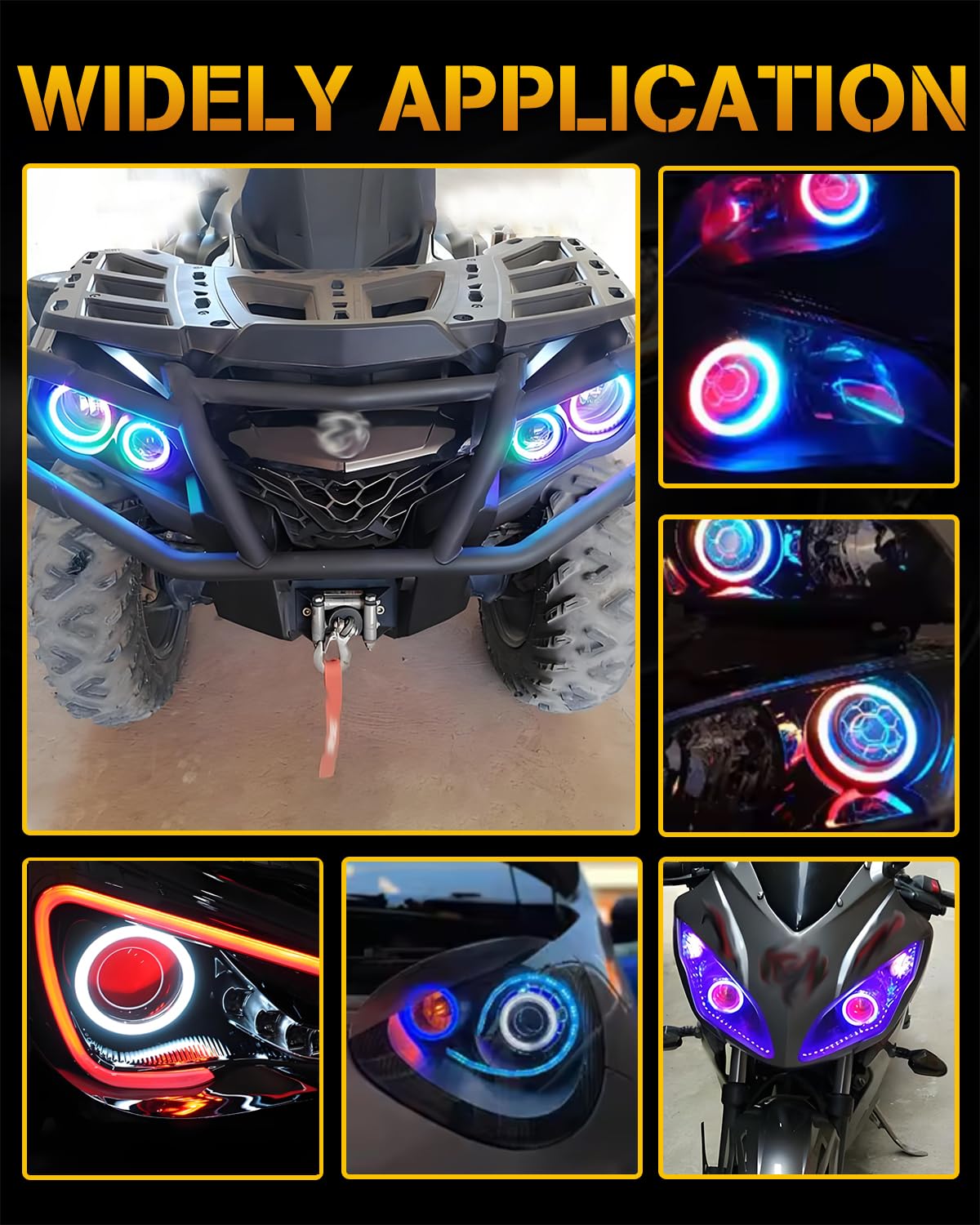 Qasim Angel Eyes Halo Rings LED Lights 12V RGB 100MM Multicolor Cotton for Car Scooter Motorcycle DRL with Bluetooth Control 2-Pack