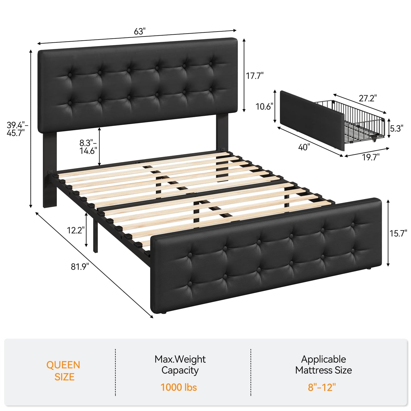 IDEALHOUSE Queen Size Bed Frame with 4 Storage Drawers and Headboard, Faux Leather Upholstered Platform Bed Frame with Wooden Slats Support, Button Tufted Design, No Box Spring Needed, Black