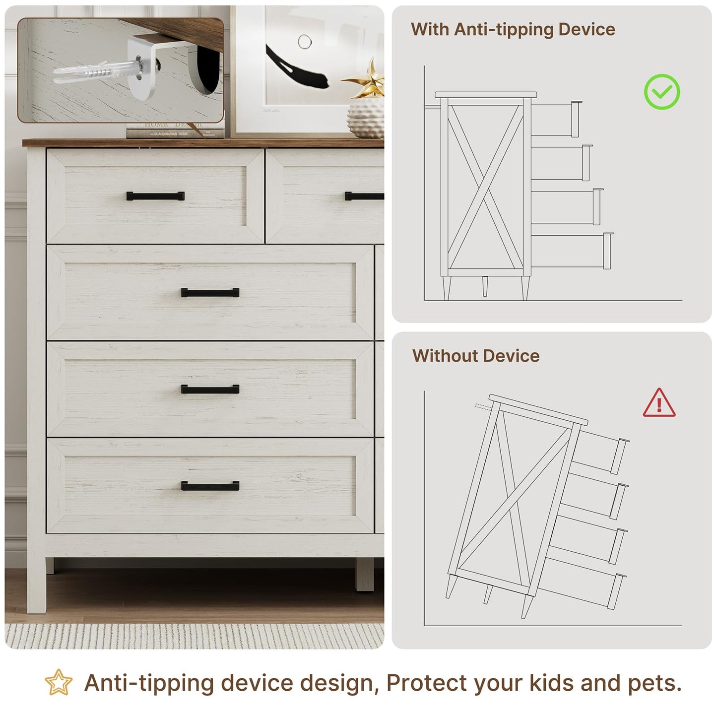 LYNSOM Farmhouse 9 Drawer Dresser for Bedroom, 55 Inch Wide Wood Rustic Chest of Drawers with X-Marking & Bar Handle, Large Storage Dressers Organizer for Bedroom, Living Room, Antique White