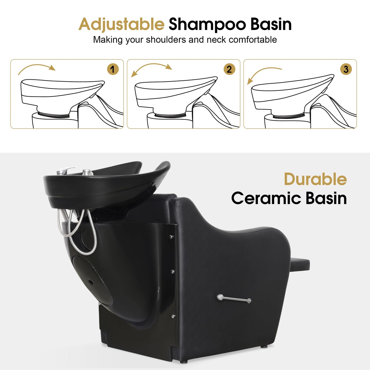 BarberPub Backwash Shampoo Station Chair with Legrest, UPC Ceramic Shampoo Bowl and Chair Set for Home Salon, Barbershop 9089 (Black)