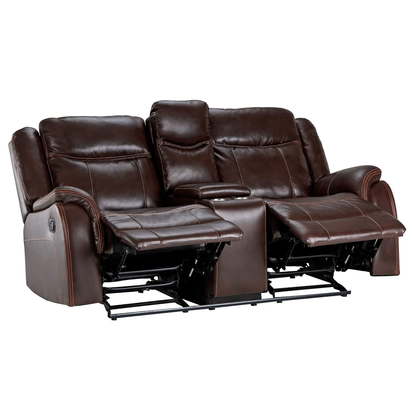 Sunset Trading Avant 76" Wide Dual Reclining Rocking Loveseat with Power Console | USB, 2 Outlets, Cupholders | Brown Faux Leather Love, Deep Seating