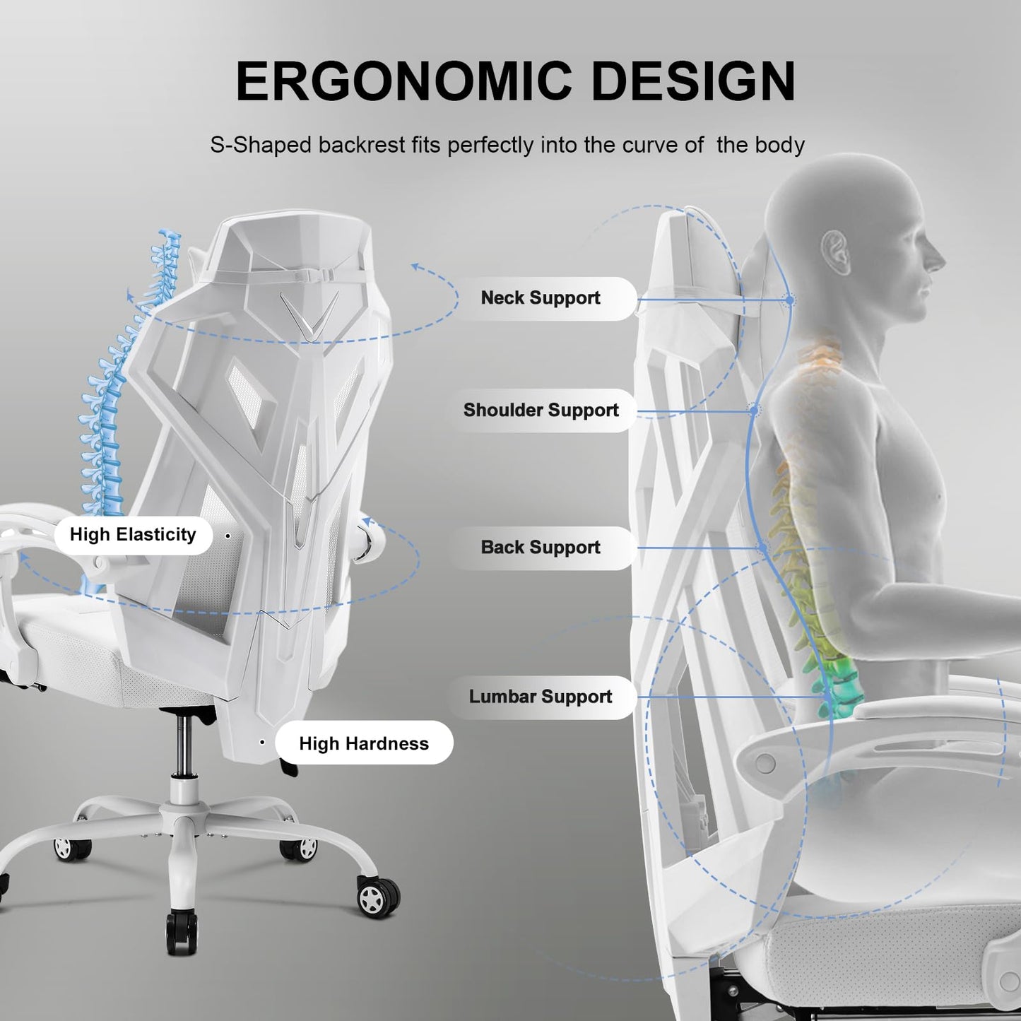 GTPLAYER Gaming Chair, Computer Chair with Mesh Back, Ergonomic Game Chair with Footrest, Reclining Game Chair with Adjustable Headrest and Lumbar Support for Gaming and Office (White)