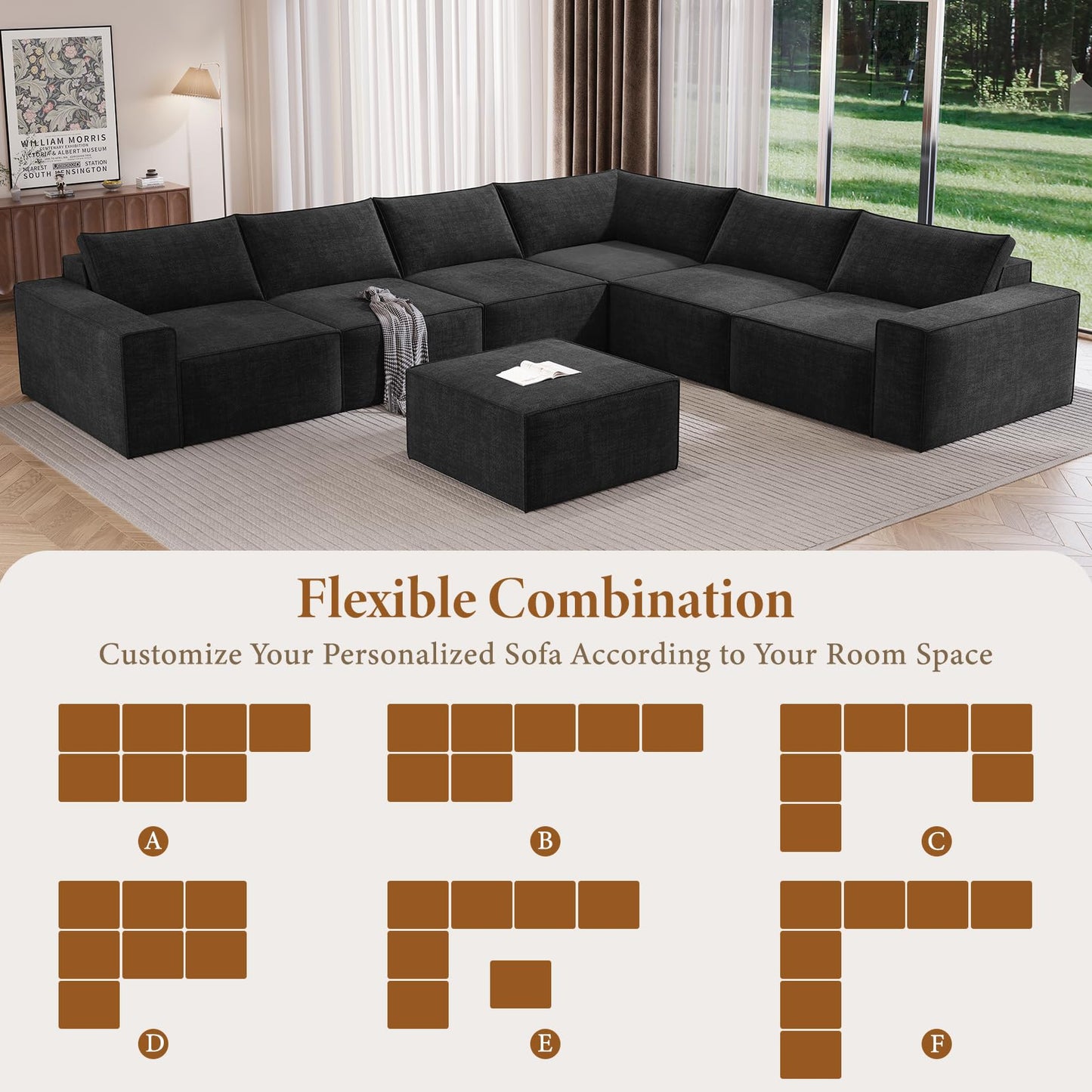 Vesgantti 143.7" Oversized Boneless Couch, Modern 7 Seater Modular Sectional Sofa with Deep Seat, Convertible Chenille Cloud Couches for Living Room, No Assembly Required, Black