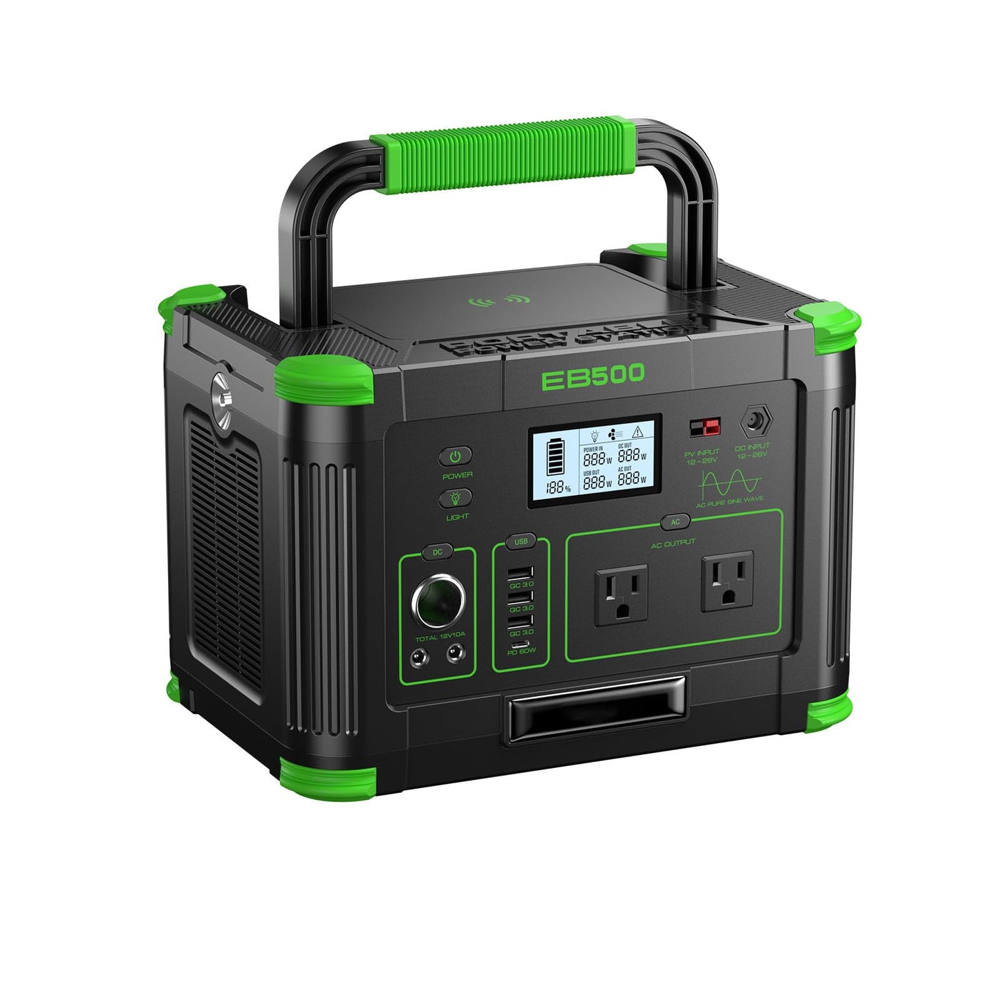 Portable Power Station 500W, 519.48Wh Solar Generator with 2x AC Outlets, 60W USB-C PD Fast Charging, 10-Port with Wireless Charger, Pure Sine Wave, Camping RV Travel Emergency Home Backup