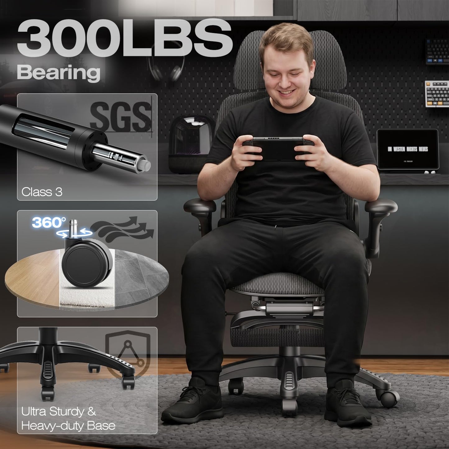 ELABEST X100 Ergonomic Mesh Office Chair with Footrest, Big and Tall Home Desk Chair with 5D Flip-Up Arms, Adjustable 3D Lumbar Support, Gaming & Executive Computer Chair, Night Reaper