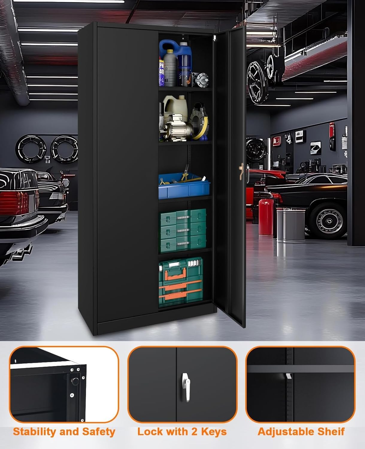 Metal Storage Cabinet with Lock Steel Garage Cabinet Adjustable Shelves