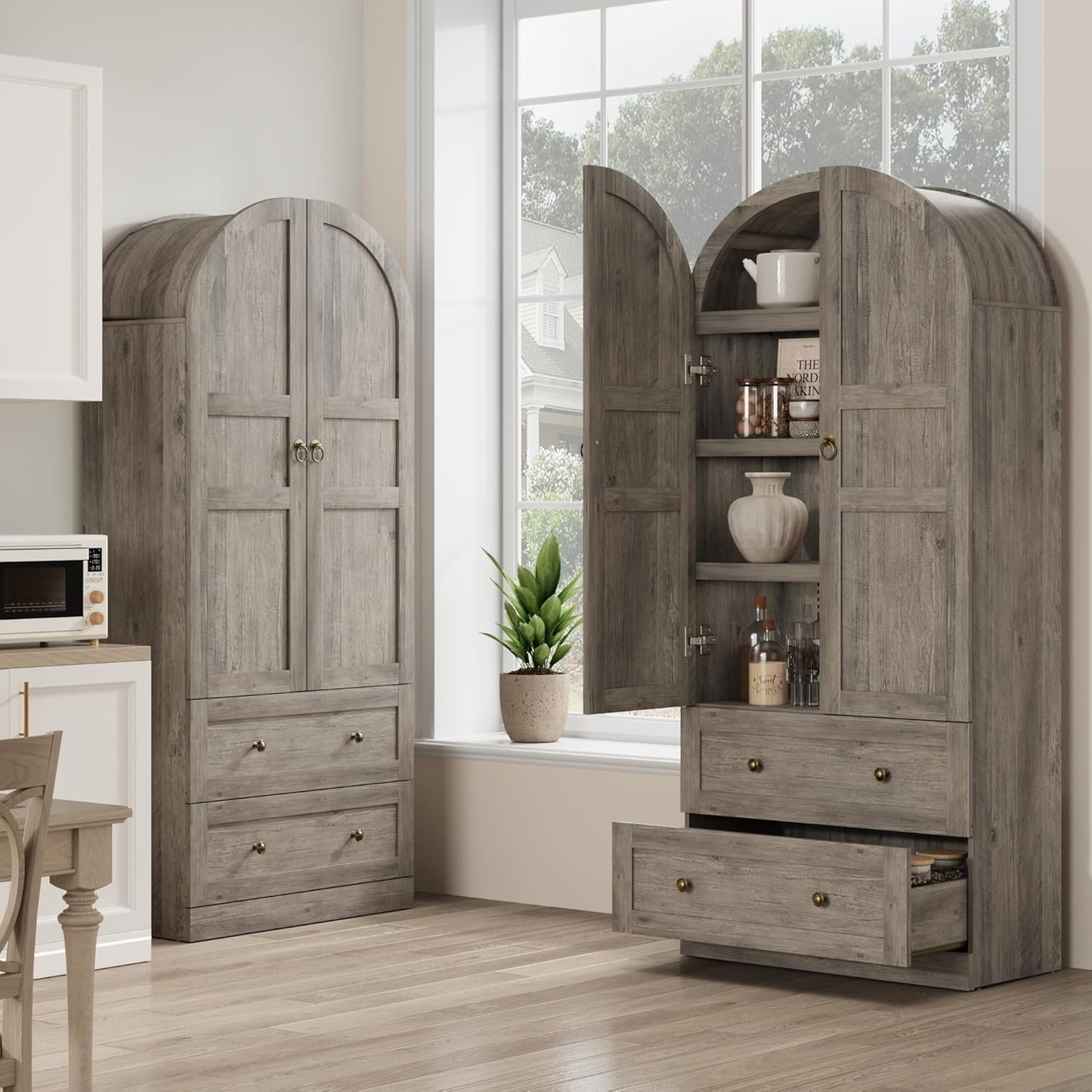 GarveeLife 72 Inch Tall Dome Bookcase with Drawers and Wood Door, 4-Tier Wooden Bookshelf with Arched Top and Display Shelves, Farmhouse Storage Cabinet for Home Office, Living Room, Entryway, Gray