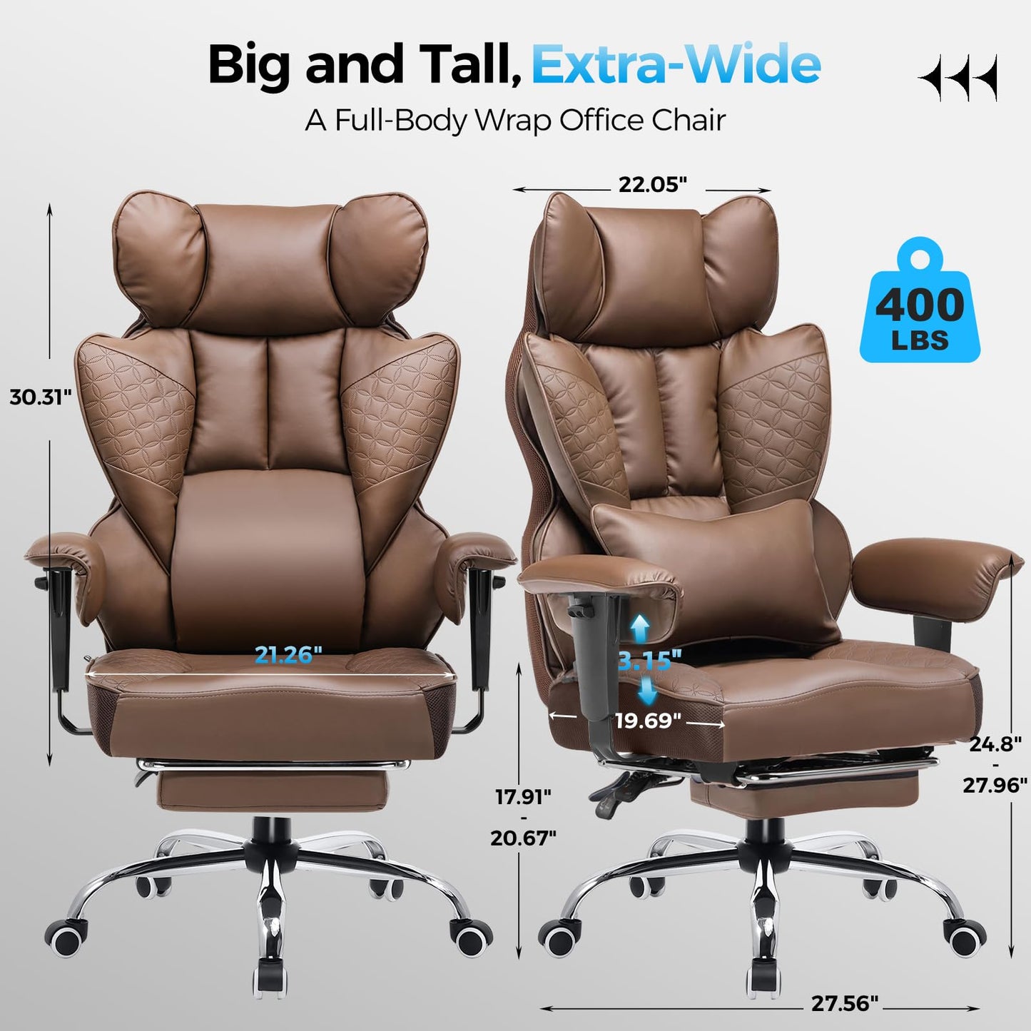 COMHOMA Big and Tall Office Chair Heavy Duty Wide Ergonomic Gaming Chair with Deluxe Embossing Designed Leather with Foot Rest,150°Reclining Adjustable Armrests Pocket Spring Back Support and Pillow