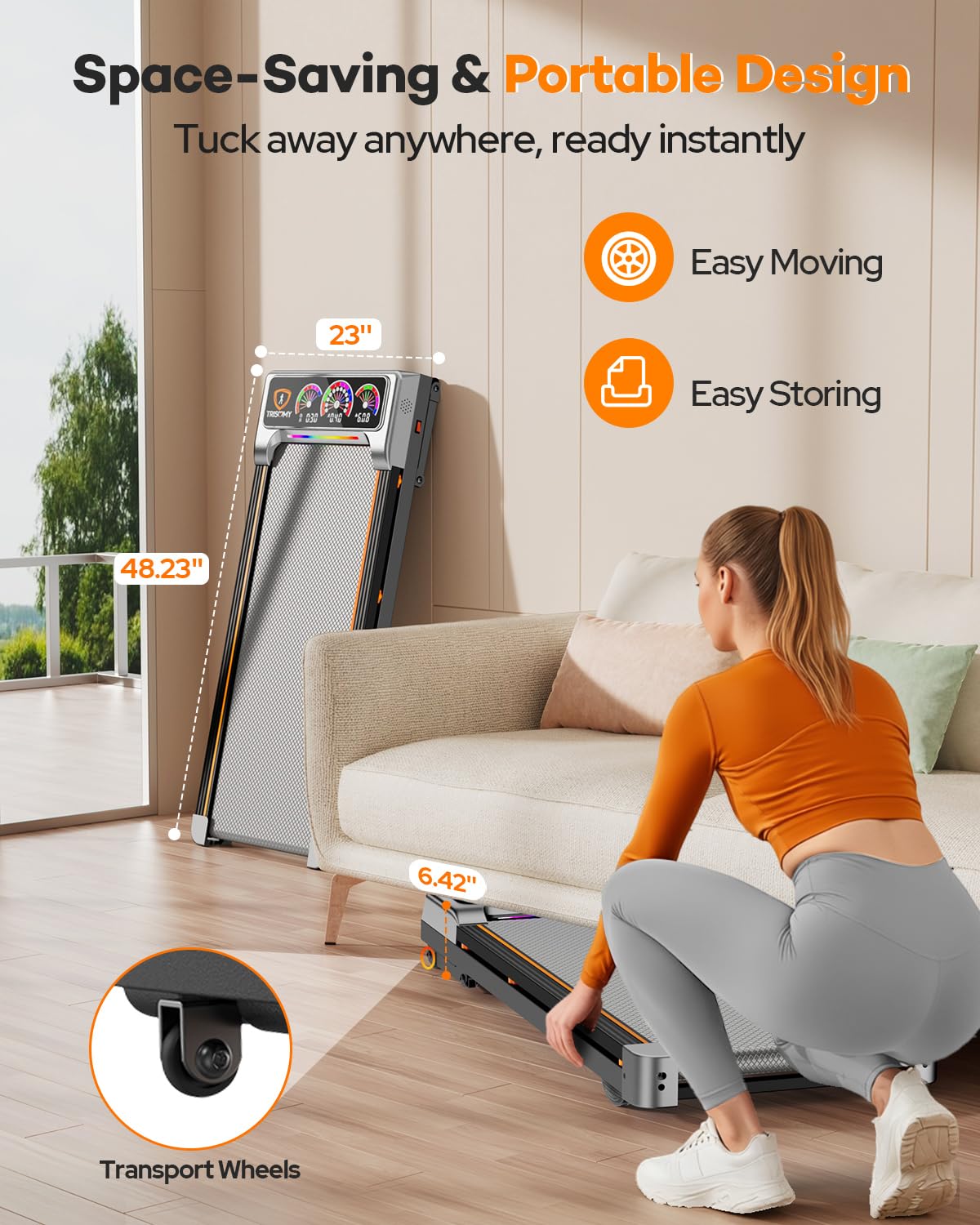 Walking Pad Treadmill with 15% 12-Level Auto Incline & UI Screen, Trisomy 3.5HP Foldable Under Desk Treadmill with Bluetooth Speaker, Portable Treadmills for Home Office 450LBS, Remote, RGB Light