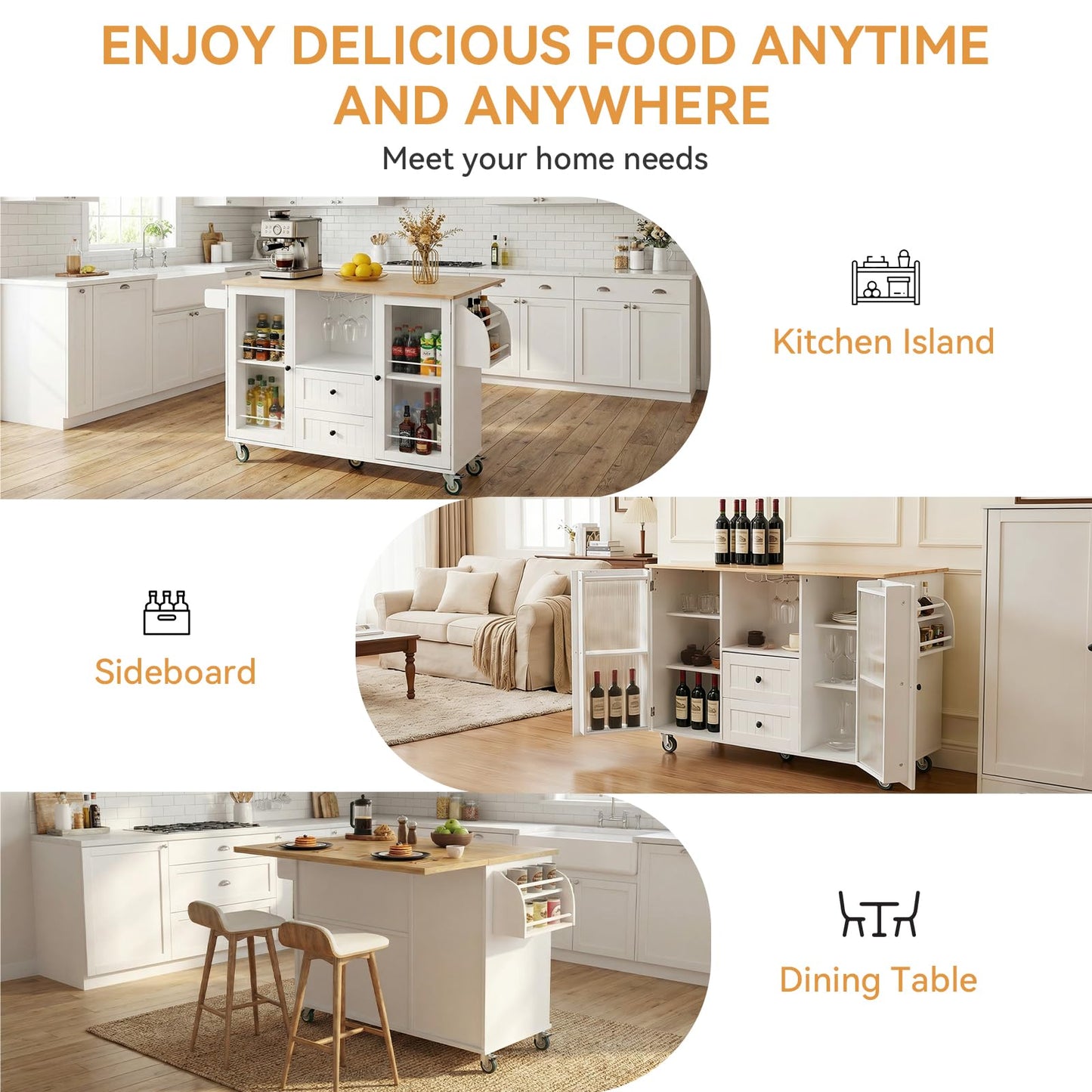 EVLIQUIL Kitchen Island Cart with Storage Cabinet & Drop Leaf, 50.4" Rolling Kitchen Table with Spice Rack & Towel Rack and Drawer, Portable Islands on Wheels, White